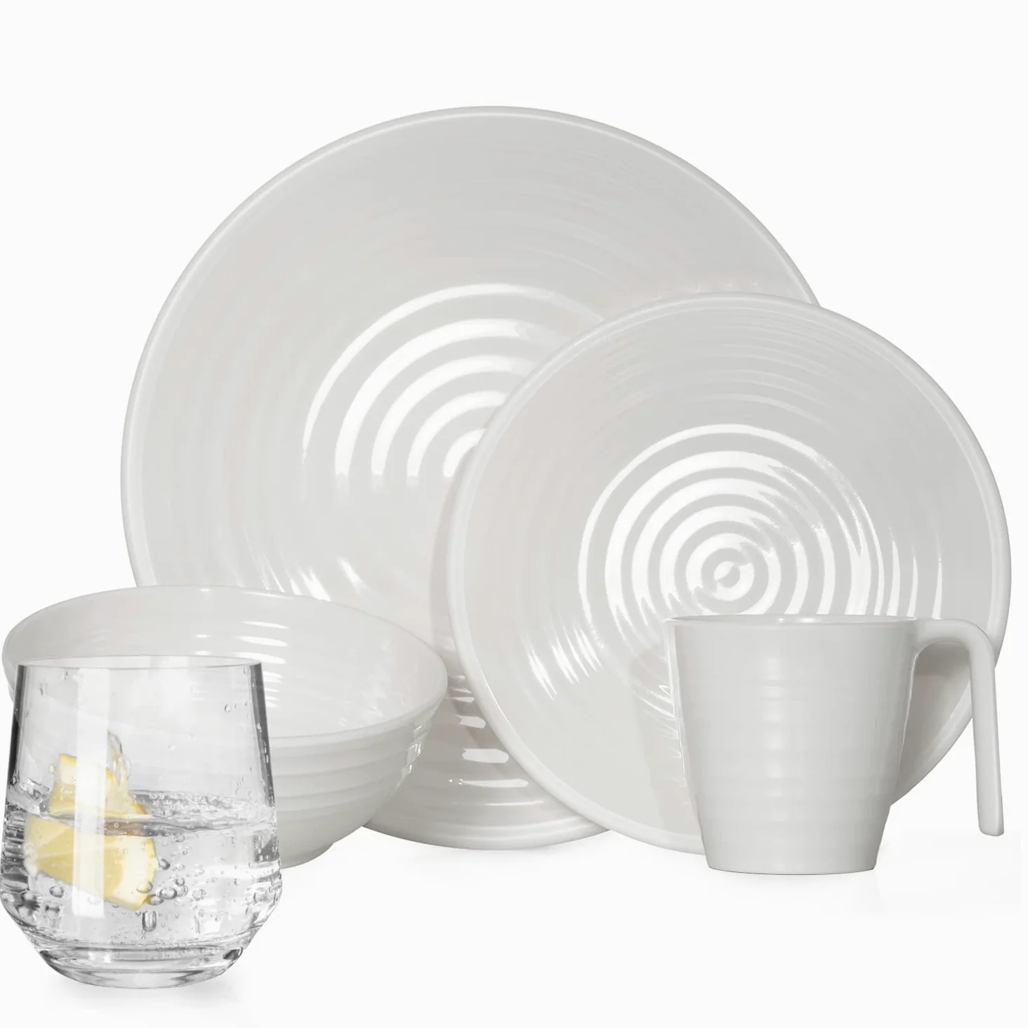 Juego de vajilla de melamina para camping para 4 personas, diseño de crema, 16 piezas + vasos de agua Milano
