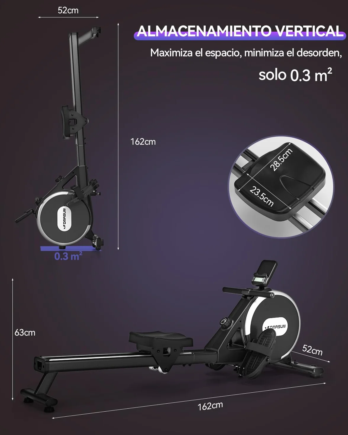 DMASUN Maquina de Remo para casa, 16 Niveles de Resistencia magnética, Soporta hasta 160 kg, Dobles mejorados, Ultra silenciosa y Estable, Conexión a la App, Almacenamiento Vertical para Ahorrar