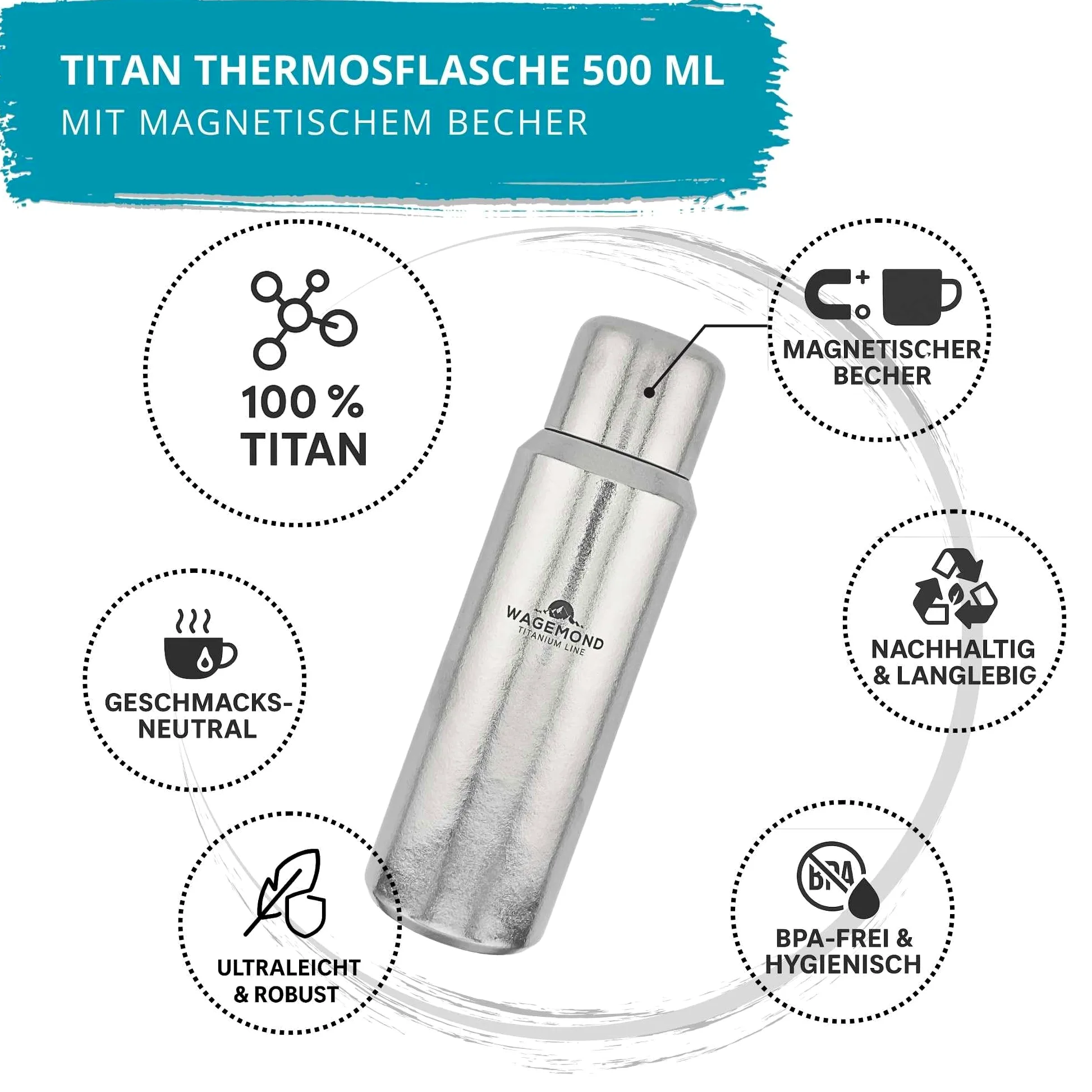 Termo de titanio de 500 ml, ultraligero y de doble pared, 100% titanio, sin BPA, con taza magnética, colador de té, funda protectora y cepillo de limpieza, para exteriores, camping, oficina