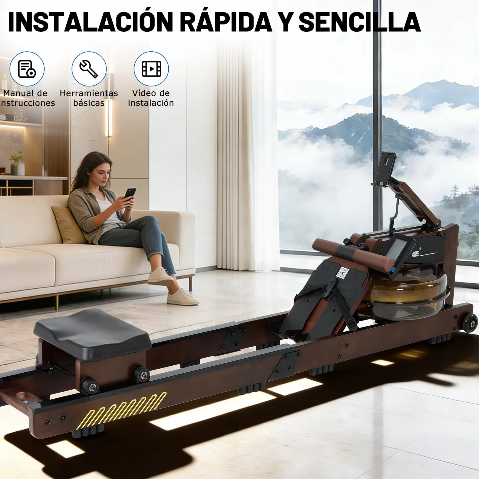 ISE Máquina de Remo de Agua de Madera de Roble, Remeros de Casa con Bomba de Agua Manual, Pantalla LED Ángulo Ajustable, App, Soporte para Tableta