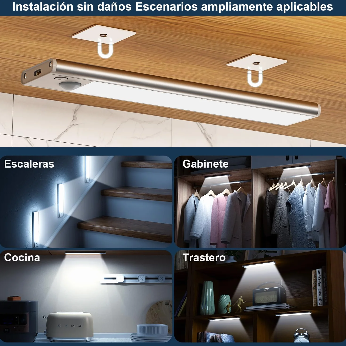 Luz LED Sensor Movimiento Cocina Armario Luces Pilas Adhesiva Recargable Lampara sin Cables Bajo Mueble Interior Tira Lamparas Magnetica Pared Barra Iluminacion Inalambrica USB