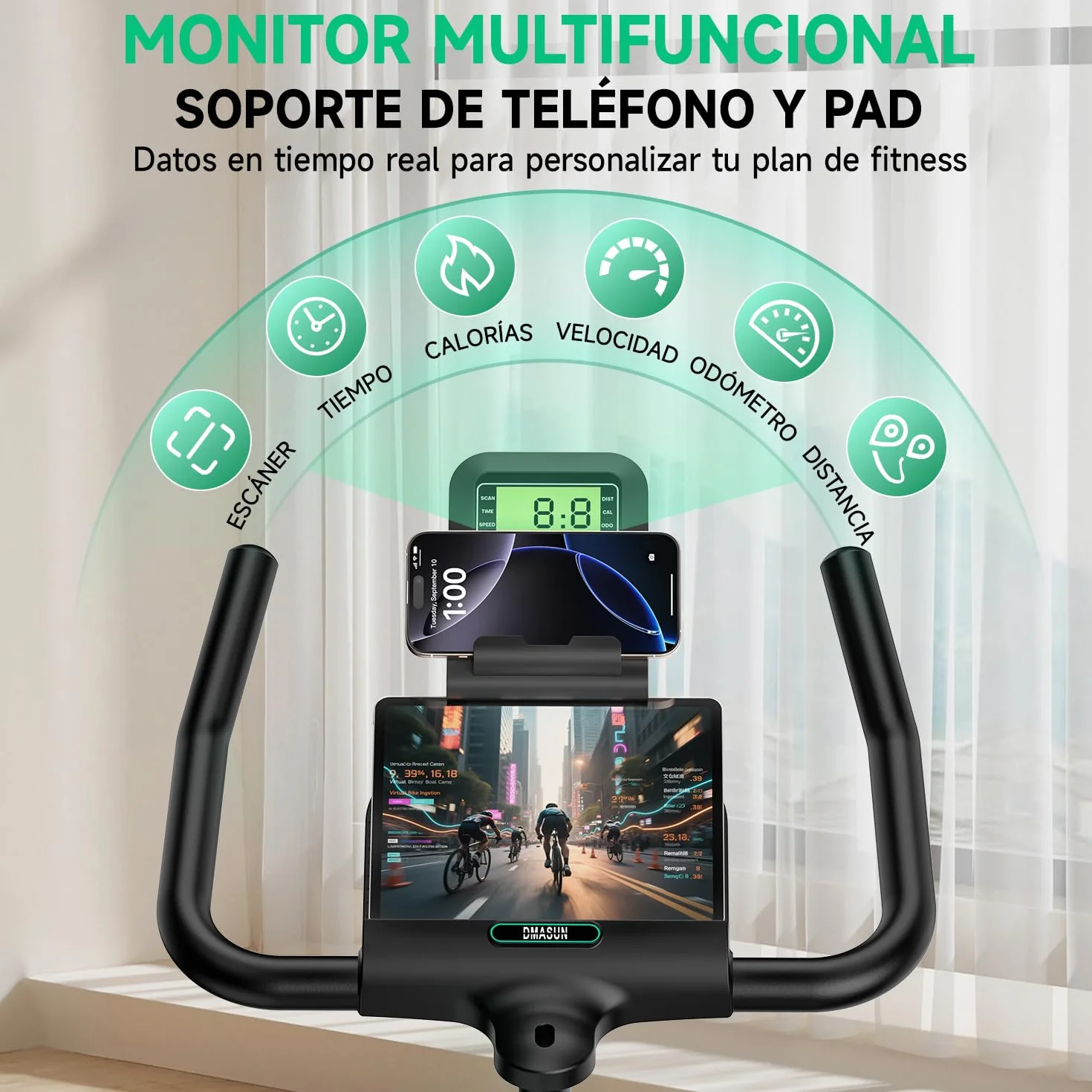 DMASUN Bicicleta Estática en Casa con Resistencia Ajustable, Bicicleta Estatica Silenciosa con Monitor LED, Cómodo Cojín de Asiento, App Propia, Capacidad de 160 kg, Entrenamiento Aeróbico