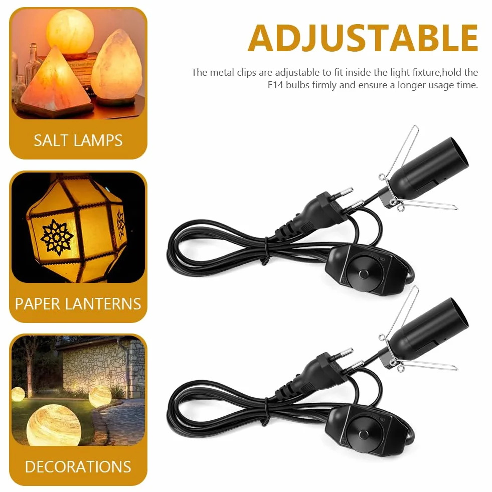 Cable para lámpara de sal con enchufe europeo e interruptor, 2 Piezas, E14, 1,5 m, 15W, 220-240V, Negro