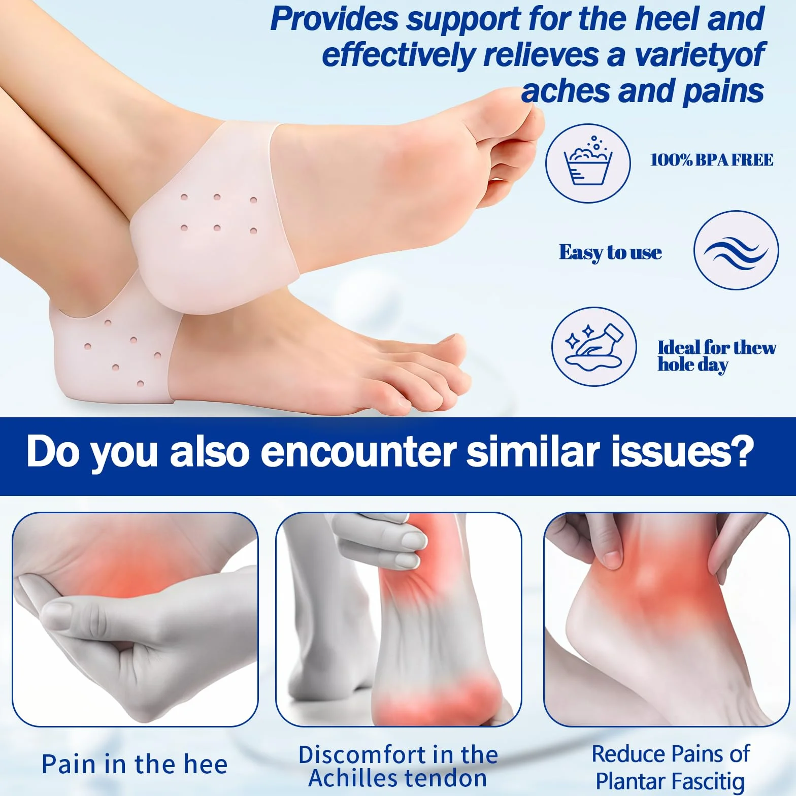Protector de Talon de Silicona Transpirable Ajustable para Aliviar Presion Plantar 3 Pares