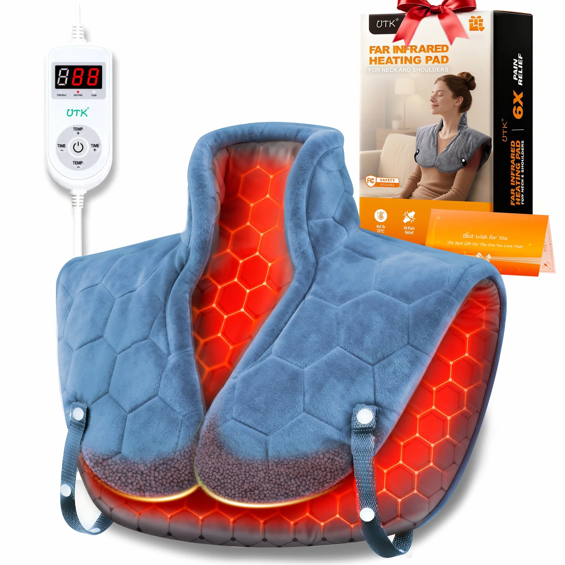 Utk Manta Electrica Espalda y Cuello, Regalo Madre, Manta Electrica Cervical, 30s Hombro Con Calentamiento Rápido, Hasta 70 °C, Equipado Con Banda Elástica, Egalo Mujer, Regalo Navidad (Azul)