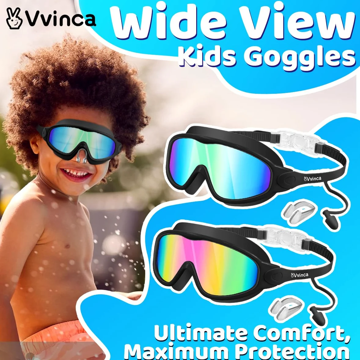 Vvinca Gafas de natación para niños con tapones para los oídos y clip para la nariz, visión amplia, antivaho, gafas de natación UV para niños y niñas de 3 a 15 años