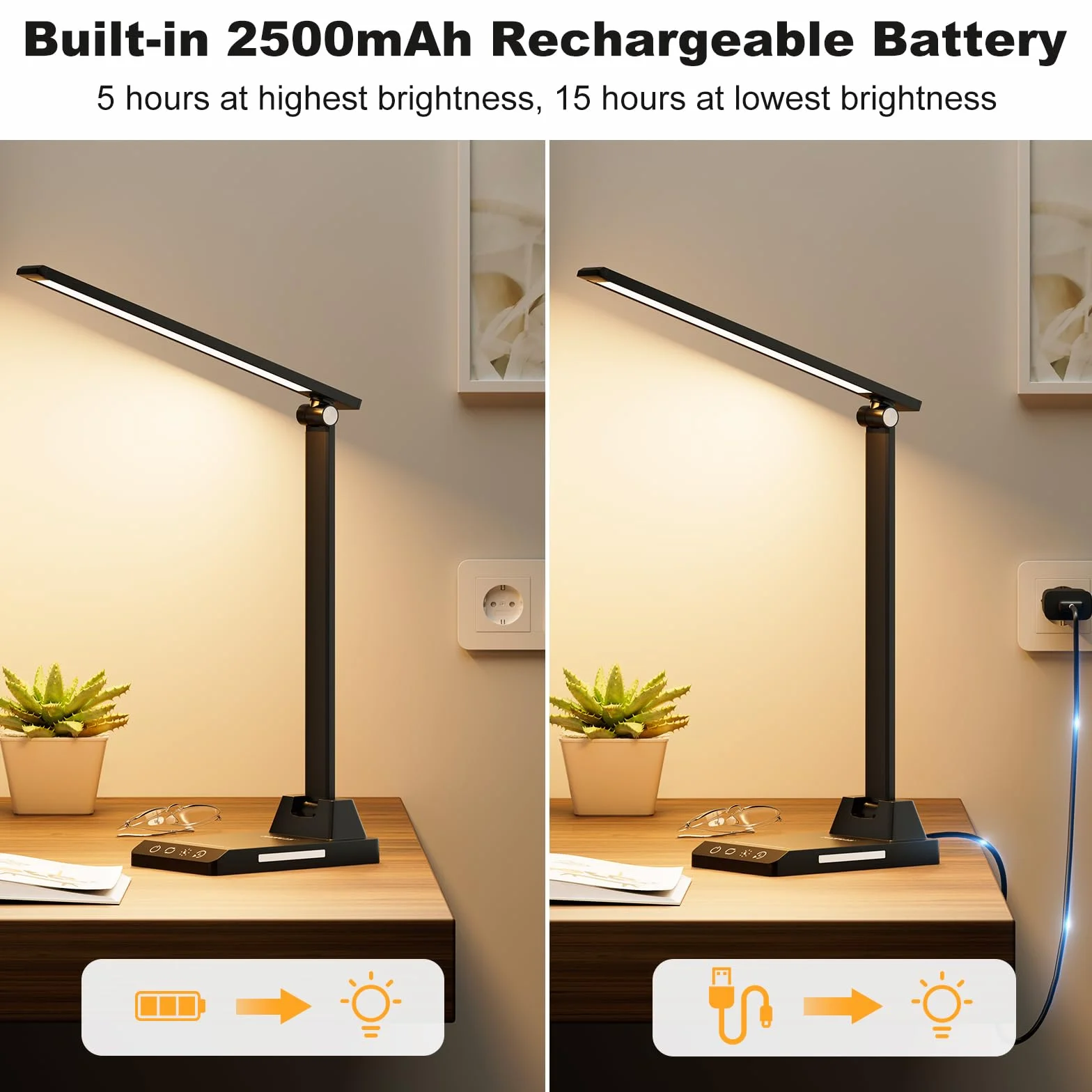 Lámpara Escritorio LED Flexo con Batería 2500mAh, 5 Modos, 10 Niveles de Brillo, Temporizador 30/60min