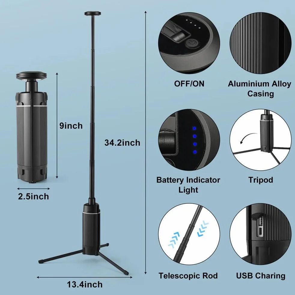Linterna de camping LED telescópica, luz de camping portátil recargable USB, 3 modos de iluminación linterna LED fuerte al aire libre, luz de trabajo LED 10800 mah con soporte, para acampar al aire li