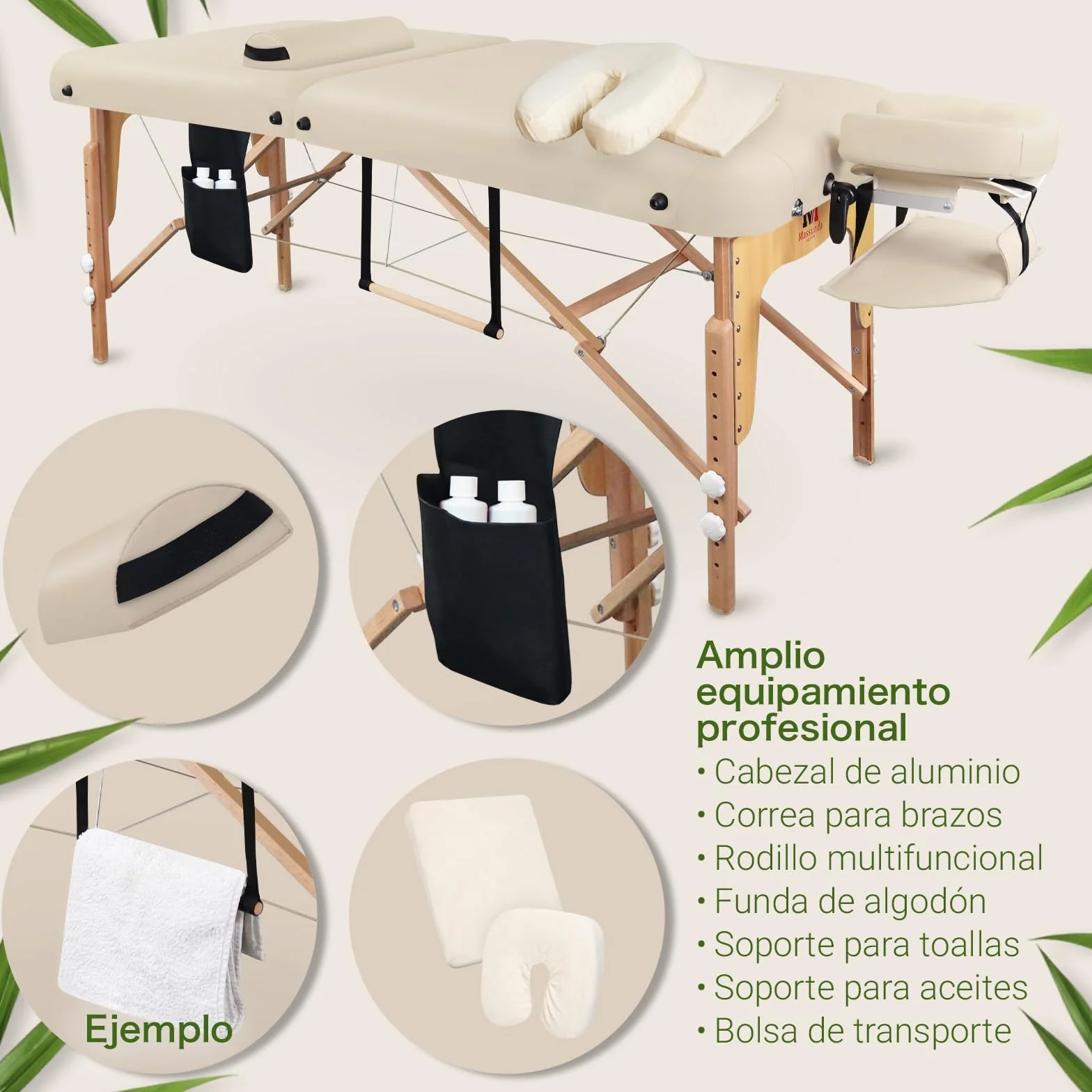 MASSUNDA Camilla Masaje Móvil Confort Deluxe Regulable en Altura Madera Maciza con Reposacabezas Ergonómico, Funda, Reposabrazos, Cojín (Negro)