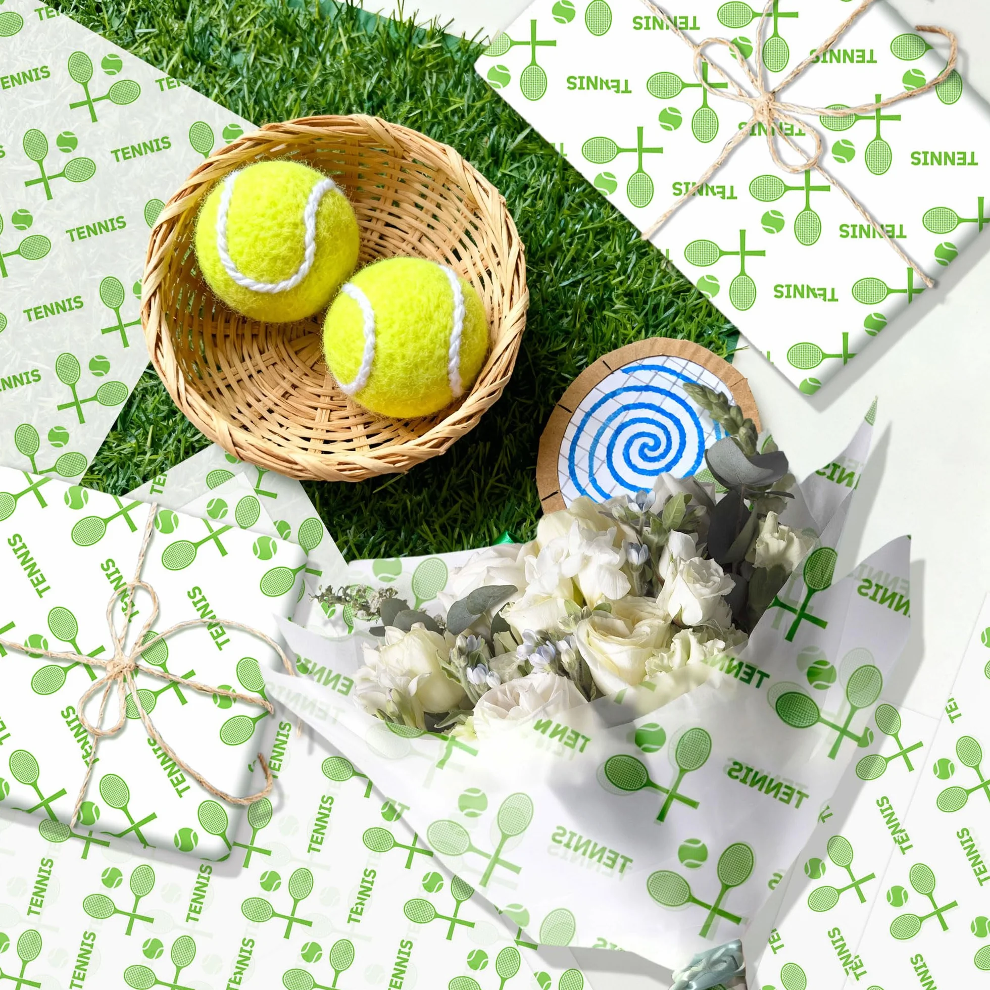 Roaring Good Time papel de envoltorio tenis papel de regalo tenis impresión deportiva paquetes envoltorio deportivo regalos papel artístico pelotas tenis para cumpleaños celebraciones deportivas