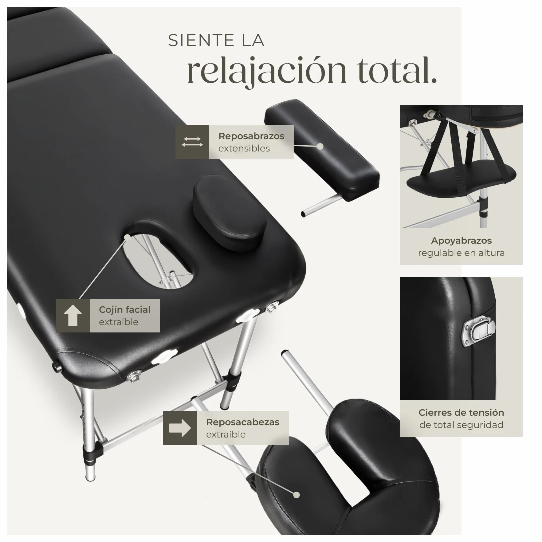 Tectake Camilla Masaje Plegable Profesional Aluminio Ajustable Altura 2 Zonas Negro