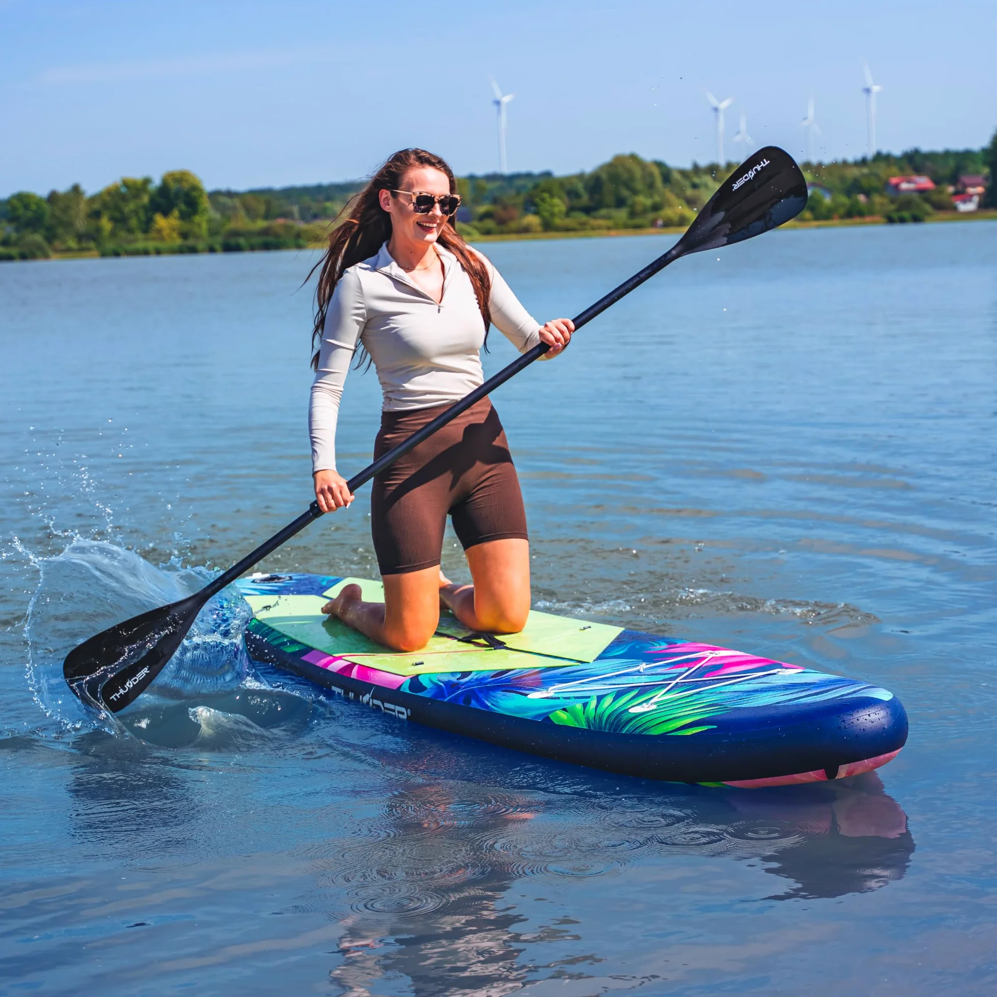 THUNDER Tabla de Sup Inflable de 320 cm con Asiento de Kayak – Set de Stand Up Paddle Board con Bomba, Remo y Mochila – Antideslizante para Adultos y Principiantes