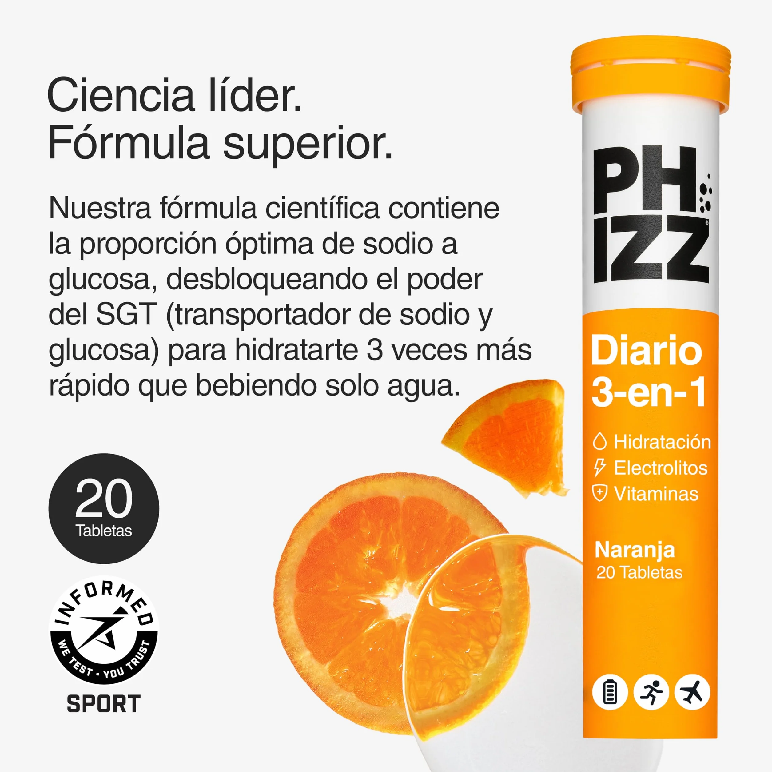 Phizz Electrolitos Multivitaminas e Hidratación Efervescente 20 Comprimidos - 18 Vitaminas y Minerales, Vitamina C, Naranja