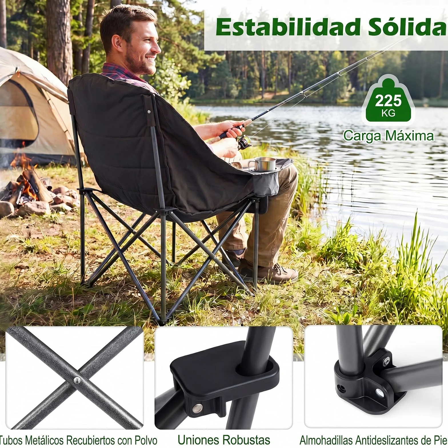 COSTWAY Silla de Camping Extragrande y Acholchada, Silla Plegable Portátil con Bolsillos Laterales, Portavasos, Bolsa de Transporte, Playa Pesca, Carga 225 kg,72 x 104 x 93 cm (Gris)