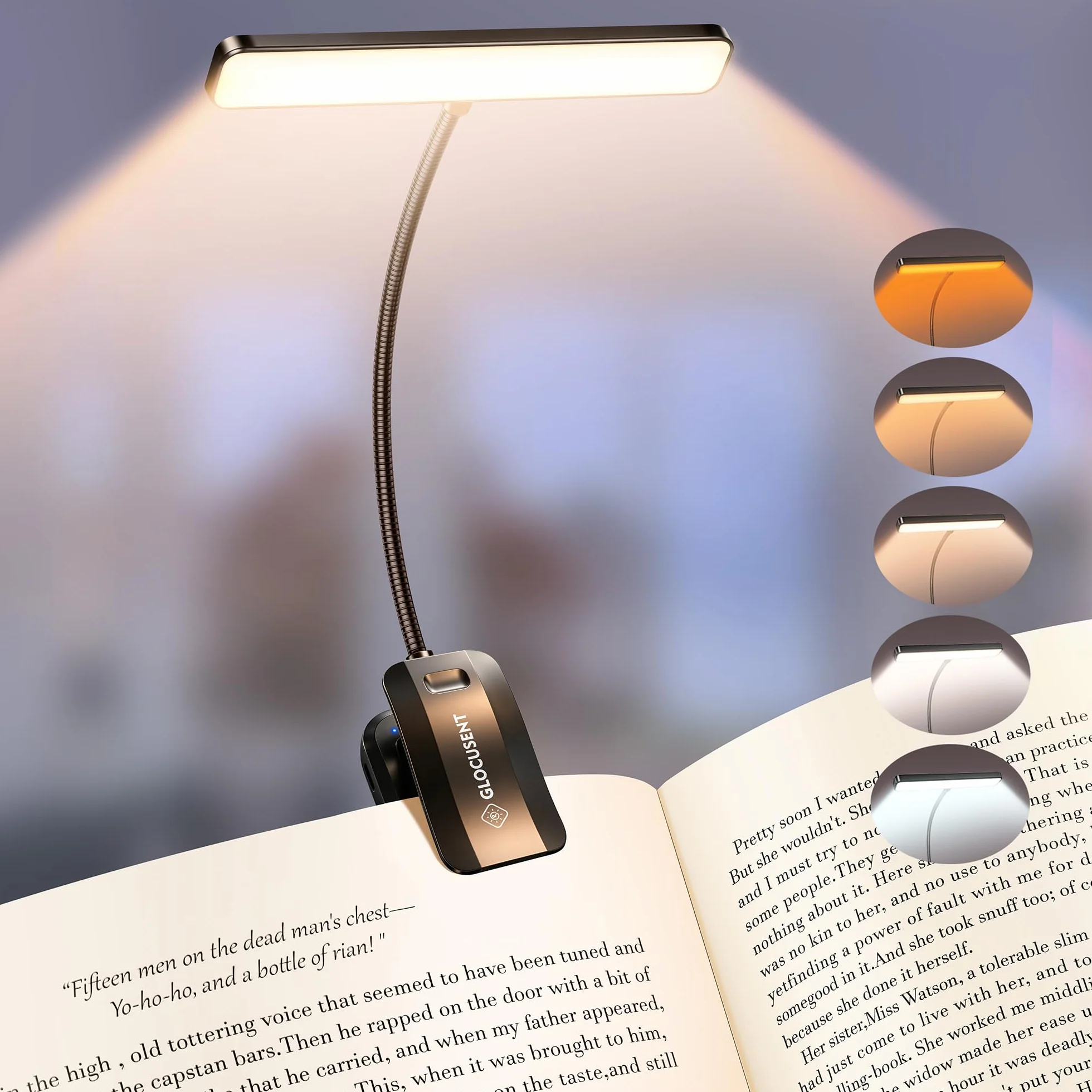 Glocusent 26 LED Luz de Lectura USB-C Recargable 360° Flexible 5 Colores 5 Brillos Protección Ocular Lampara Libro Modo Memoria Negro