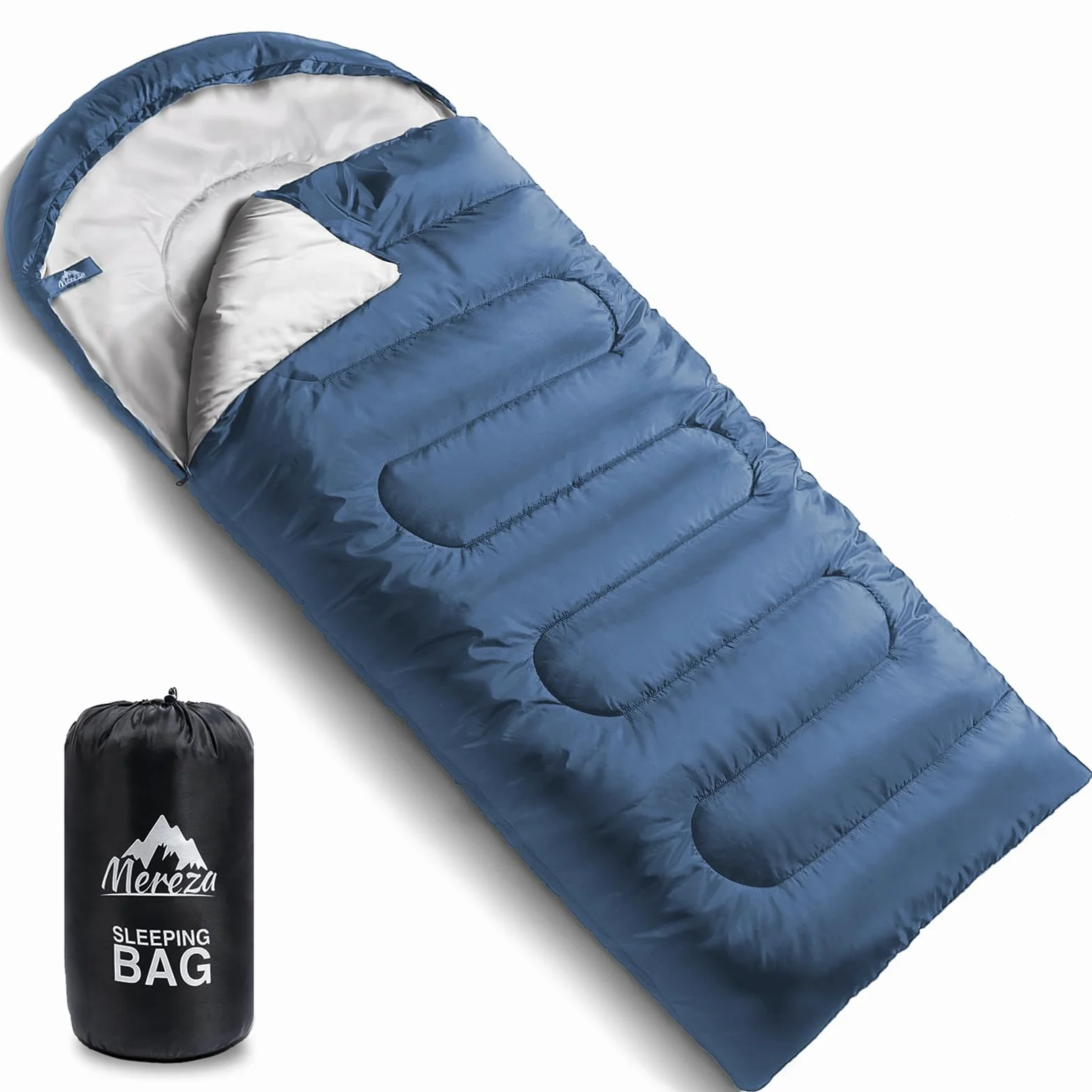 MEREZA Sacos de dormir de camping para adultos y hombres, 4 estaciones, para clima cálido y frío, saco de dormir ligero con saco de compresión, color azul Yale