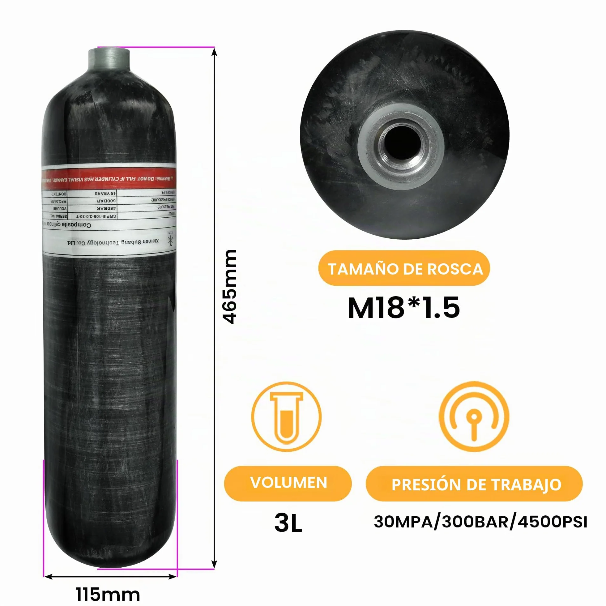 TUXING Cilindro de Fibra de Carbono 3 L 183 Pulgadas cúbicas Tanque de Aire Paintball 4500 PSI