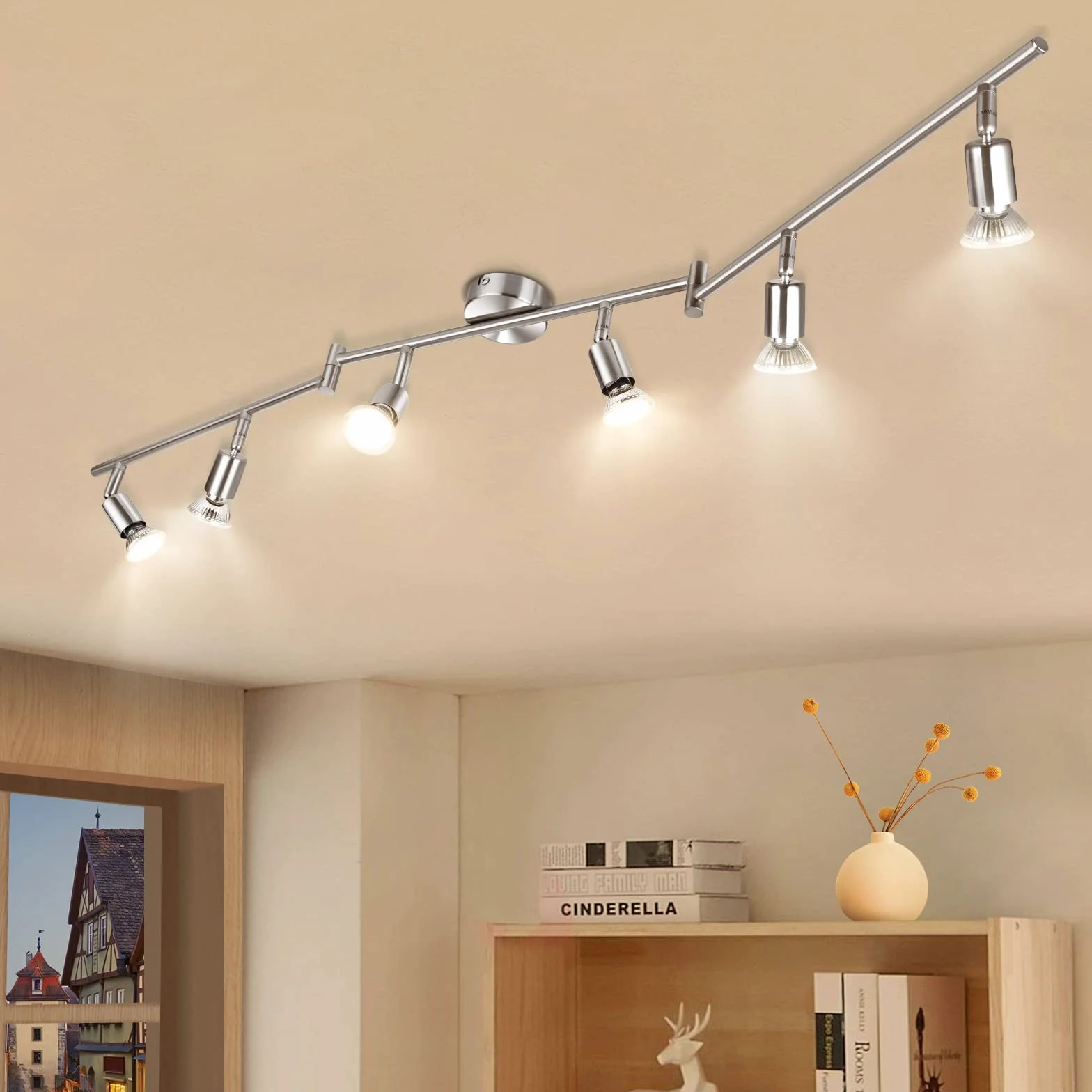 wowatt Lámpara de techo LED Plafón con Focos Giratorios 6x Spot GU10 5W 230V 2800K Blanco cálido 420lm IP20 Níquel Mate