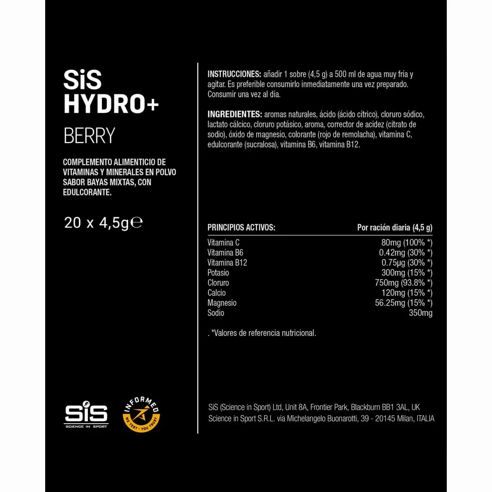 Science in Sport HYDRO+ Electrolyte Drink Mix 20x4,5g Frutos del bosque Electrolitos en polvo veganos