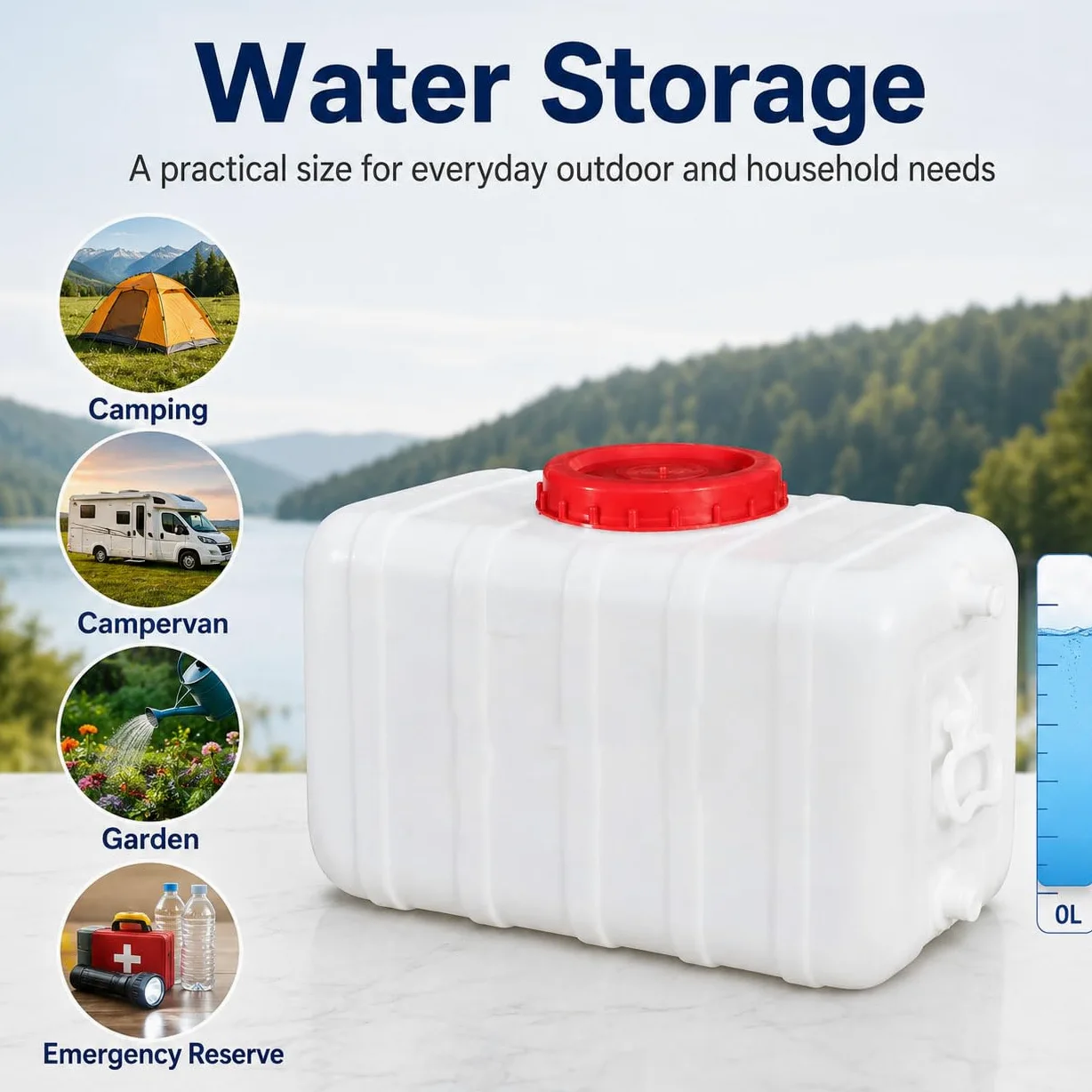 Depósito de Agua con Grifo, Bidón de HDPE de Calidad Alimentaria con Boca Ancha y Asa Lateral, para Camping, Camper, Jardín y Emergencias,95L