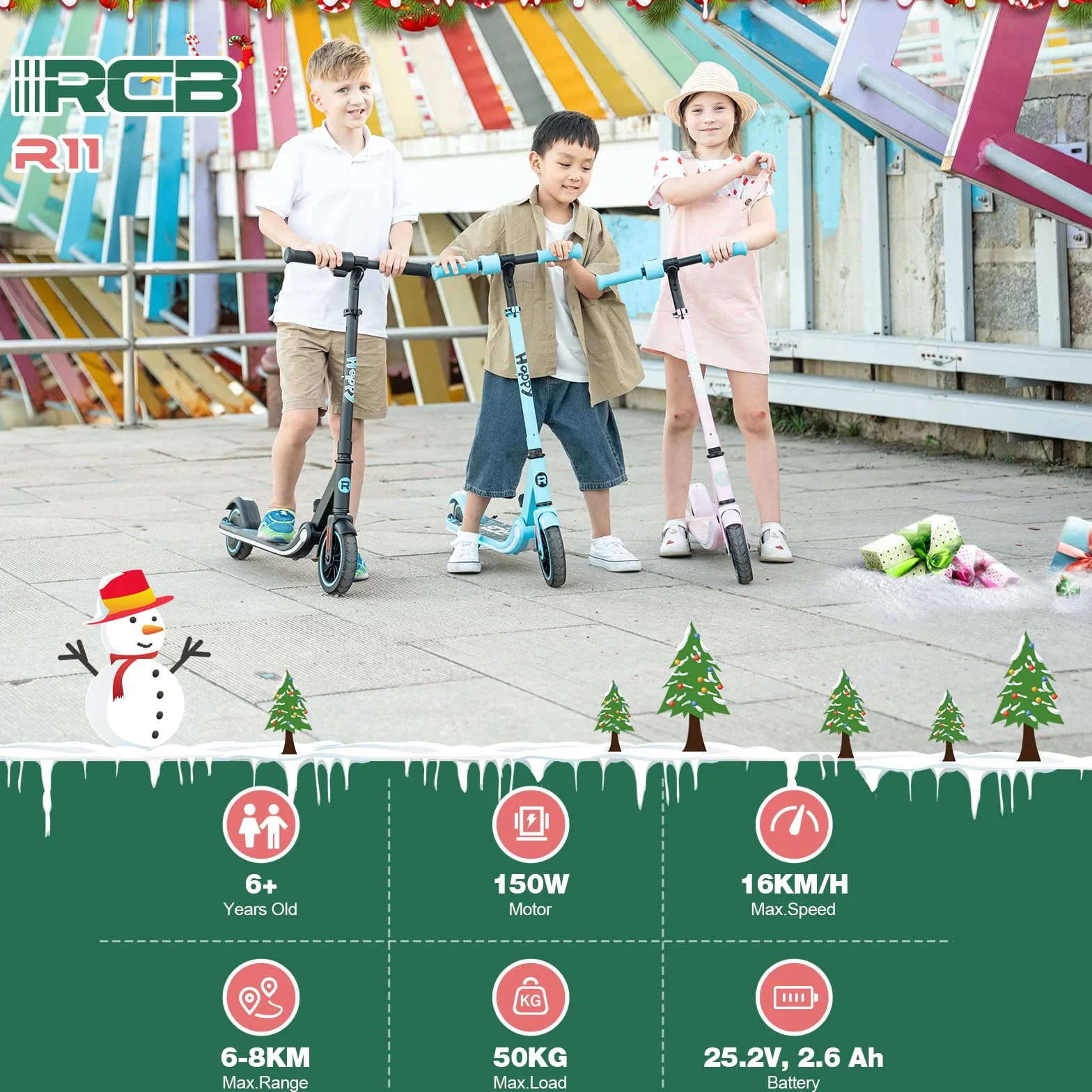 RCB Patinete Eléctrico para Niños 6-12 Años, 150W Motor - Máx.16 Km/h - Luz LED Arcoíris - Plegable - Pantalla LED - Velocidad y Altura Ajustables, Regalo para niños y Adolescentes