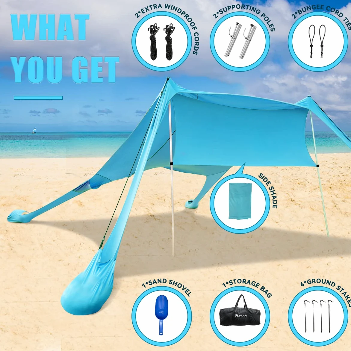 Tienda de Playa Carpa de Playa desplegable UPF 50+ Protección UV con Polos de Aluminio Anclaje de Arena para Patio Trasero Parque Playa,Sombra al Aire Libre para Viajes de Camping, Pesca