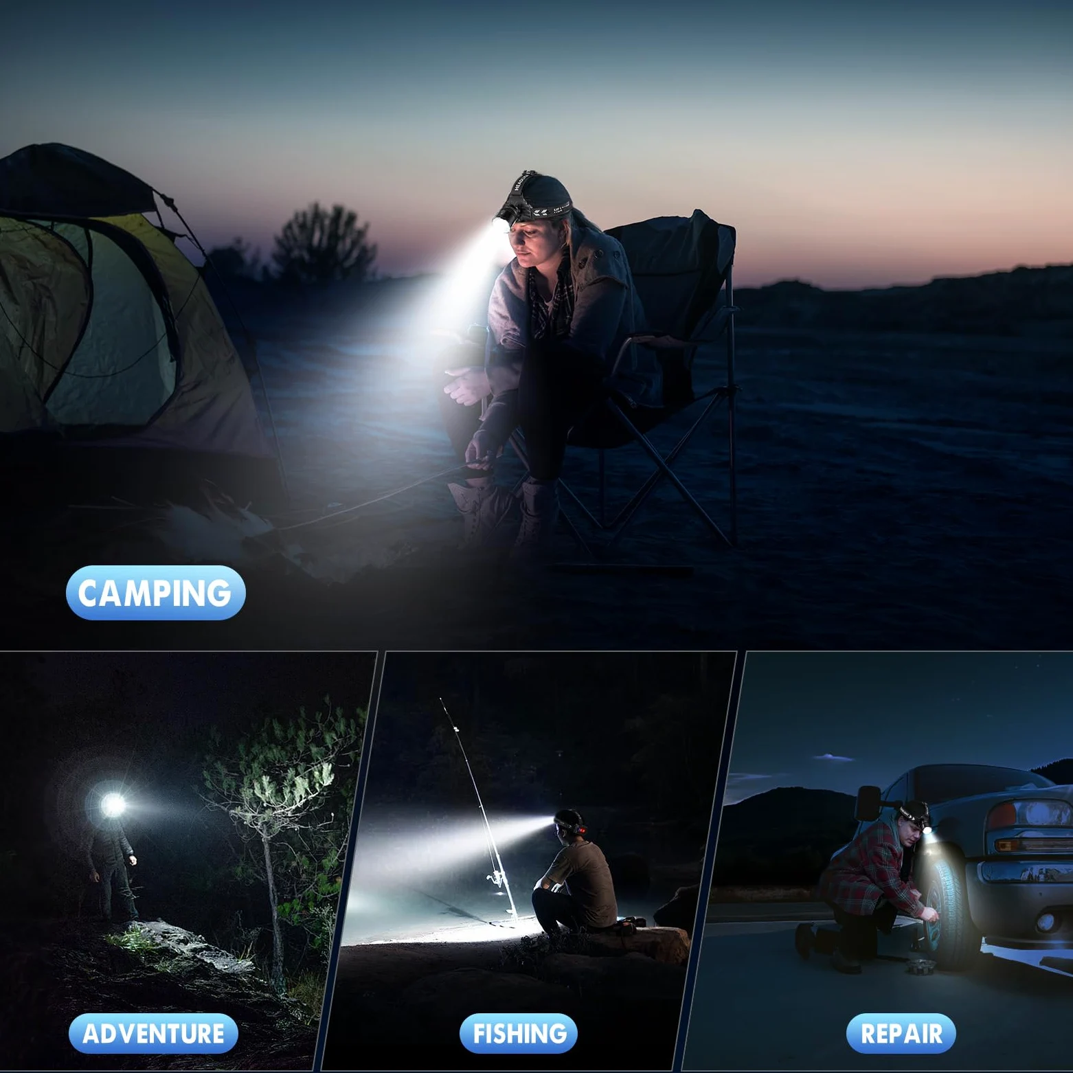 OMALIGHT Linterna frontal recargable superbrillante, lámpara LED de alto lúmenes, 5 modos de zoom, recargable por USB-C, luz frontal ajustable de 125°, linterna frontal impermeable IPX7 para