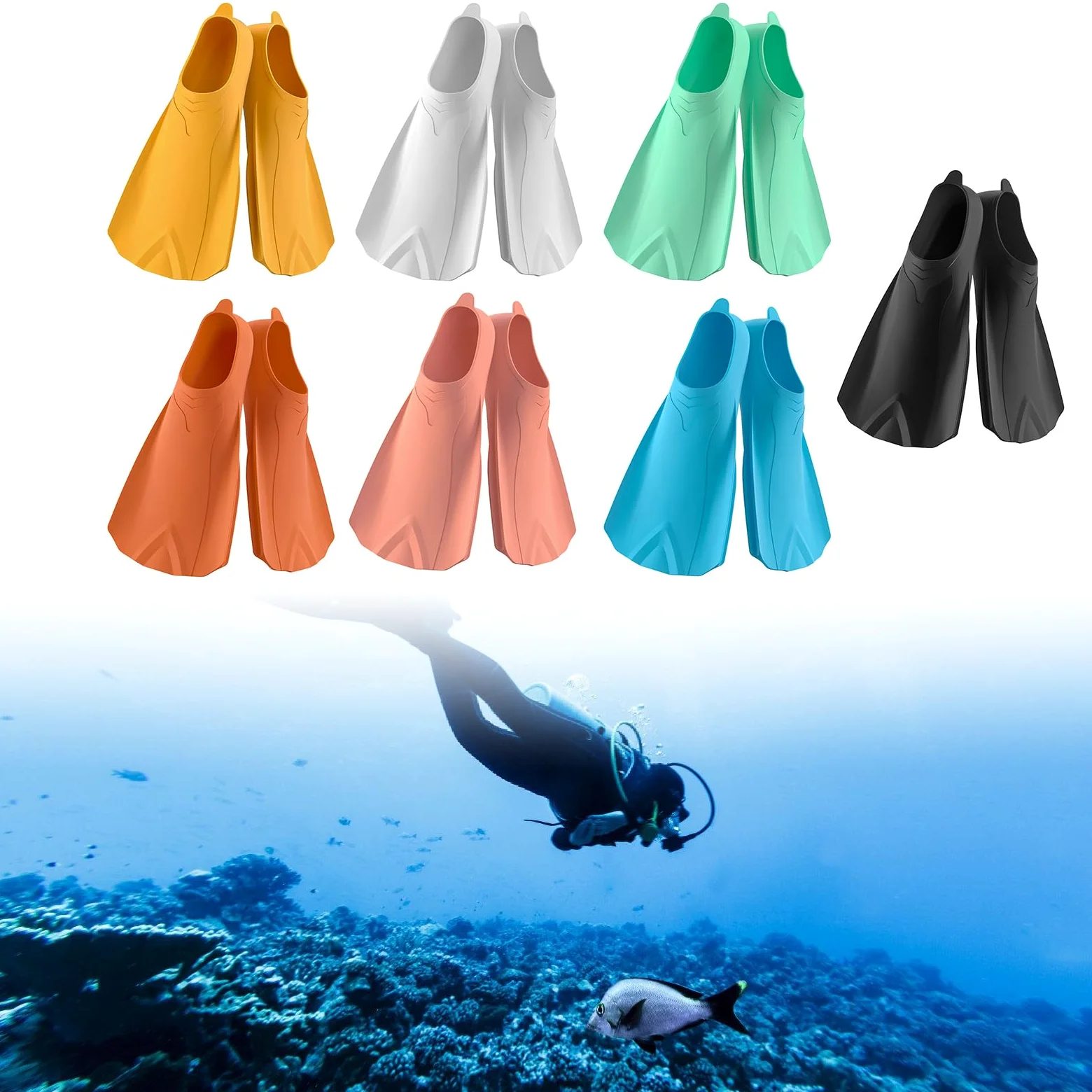 Aletas de natación de silicona, tamaño de viaje, aletas cortas para buceo, aletas de esnórquel para piscina, tamaño de viaje duradero