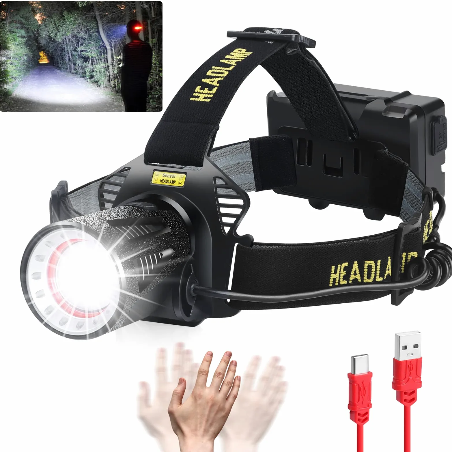 Aikertec Linterna frontal recargable, súper brillante para adultos con sensores de movimiento, 7 modos, zoom, linterna de cabeza impermeable IP68 para camping, caza, pesca (pilas incluidas)