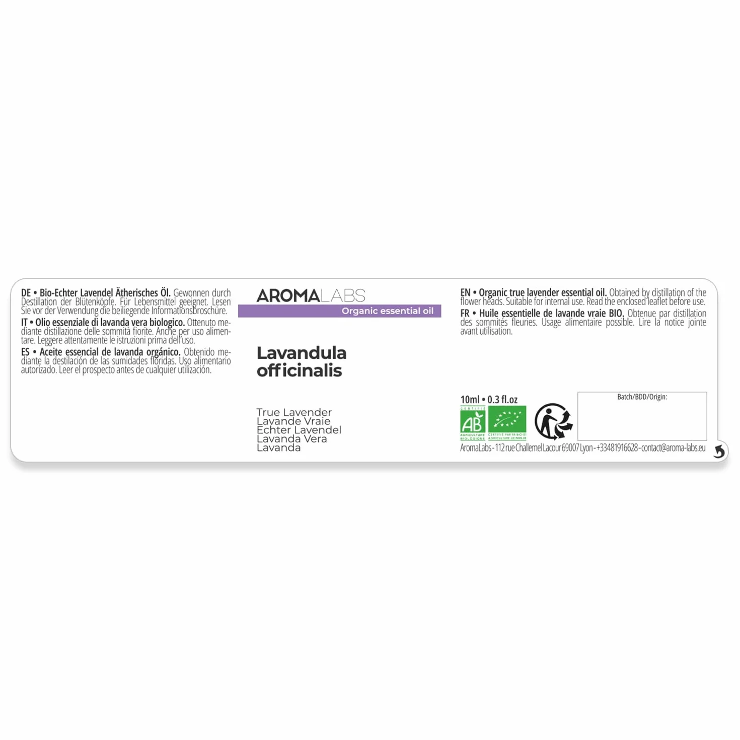 Aceite Esencial Lavanda Verdadera BIO 10 mL Quimiotipado Certificado AB Aroma Labs