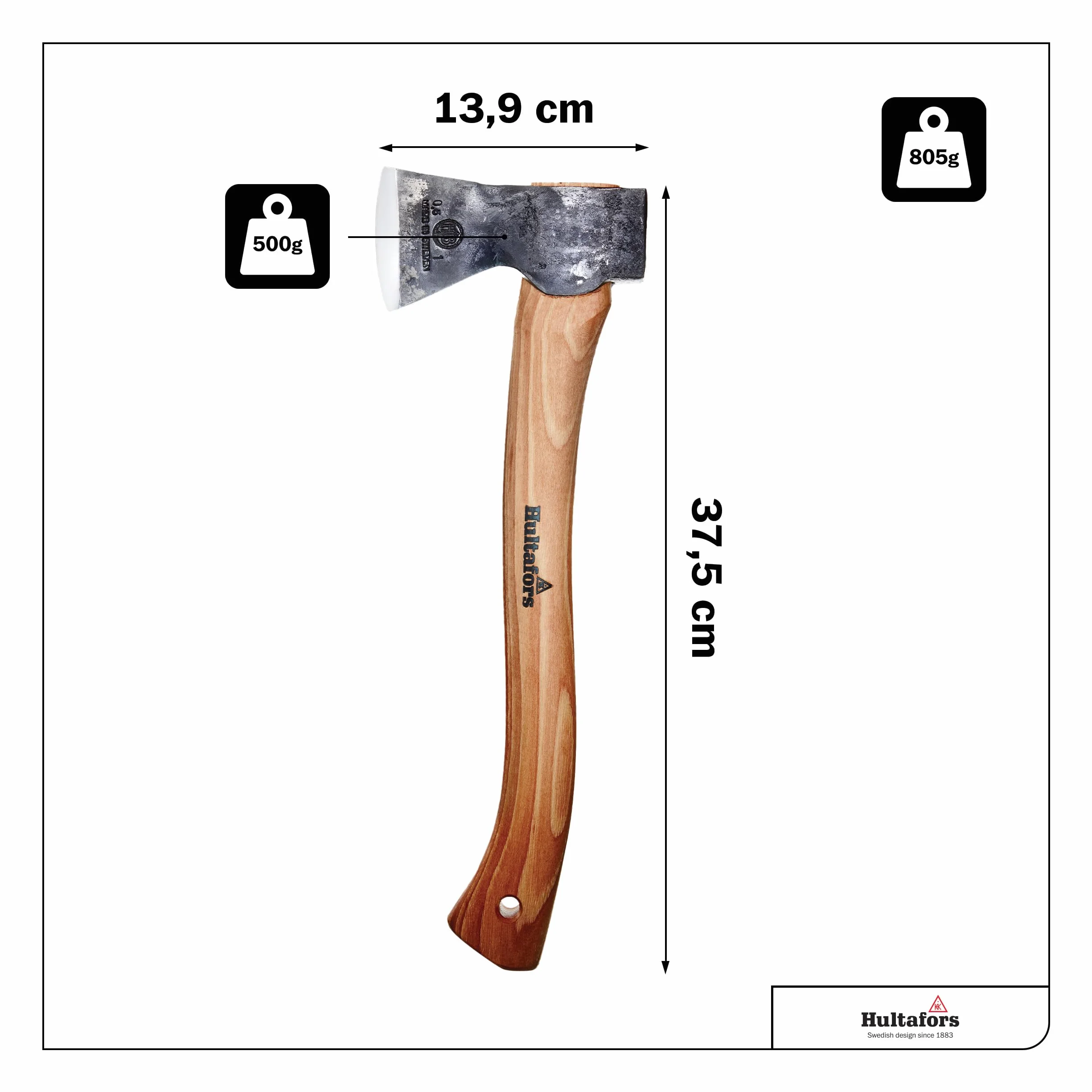 Destral Hultan forjada a Mano de 375mm Hecho de Acero Sueco I Hultafors I Forjado en Suecia I Hacha de 805g con Mango de Madera de Nogal Americano con Funda Protectora de Cuero I Reafilable I 841701