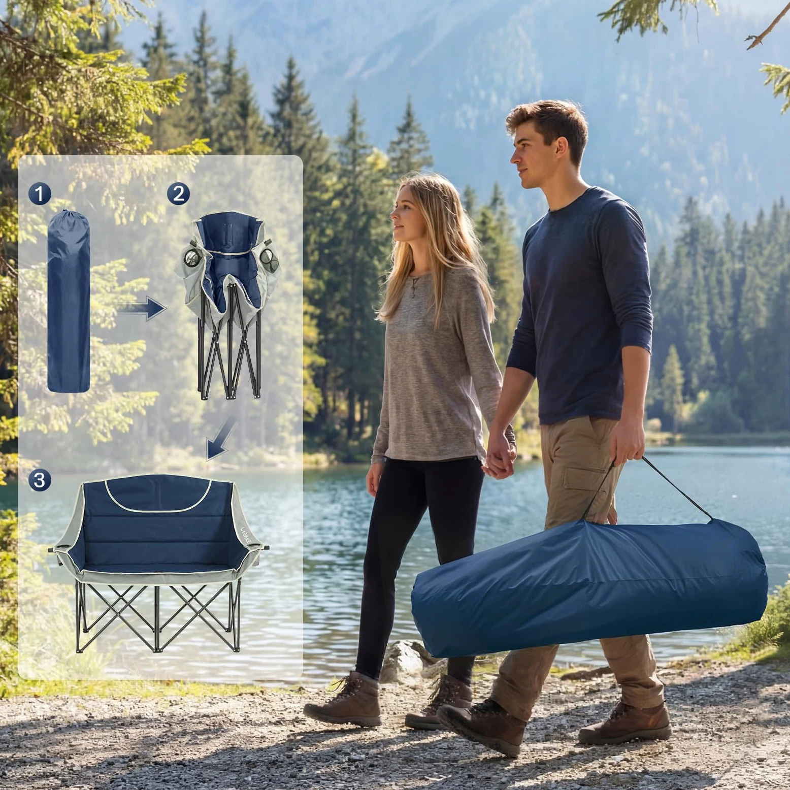 LARMNEE Sofá de Camping Plegable con 2 Portavasos, Sofá Doble de Camping, Ancho 50 cm, Silla Plegable con Carga de 200 kg, para 2 Personas, con Bolsa de Transporte, Pesca, Azul y Gris EBU03LC02