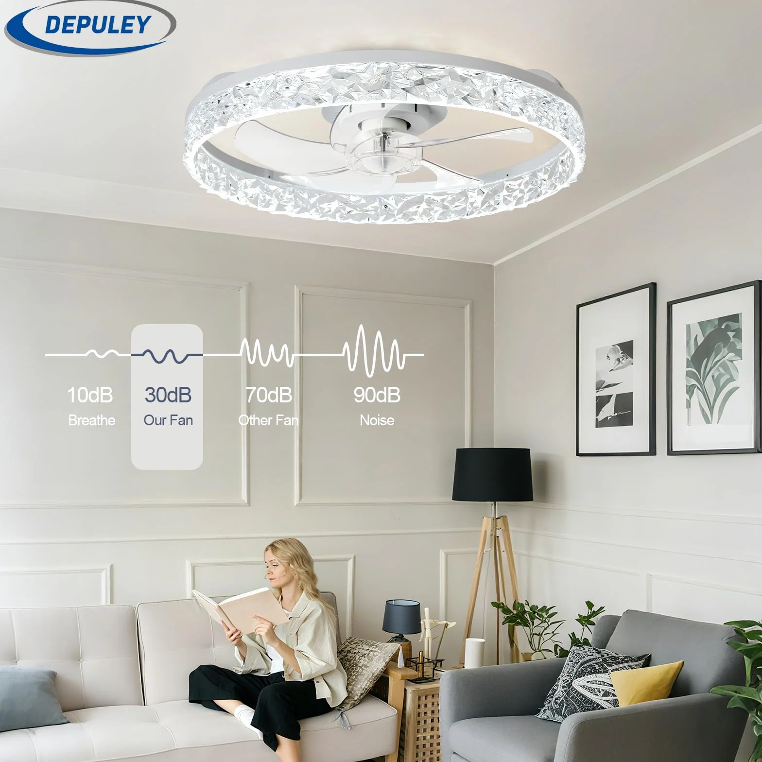 Depuley Ventilador de techo LED 20 pulgadas empotrado con luz regulable control por app blanco
