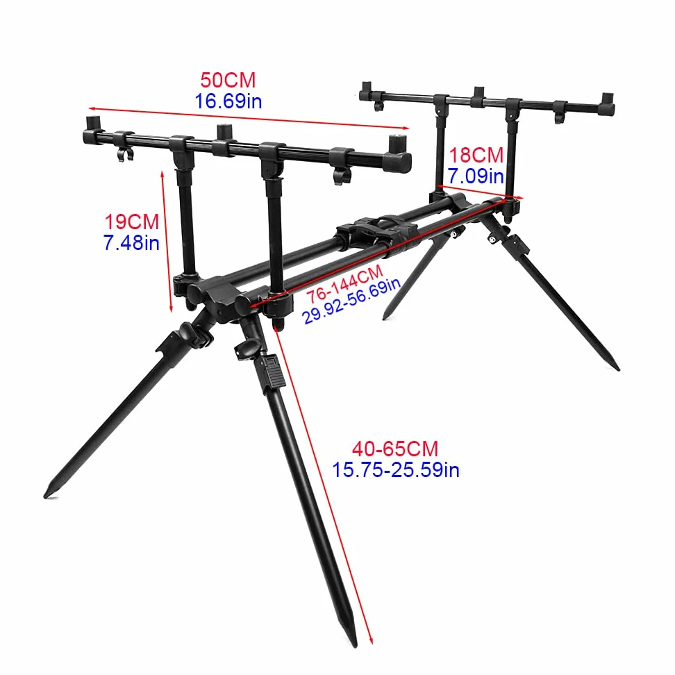 Hirisi Tackle Fishing Rod-Pod - Soporte para cañas de pescar de aluminio y soporte para caña de pescar con bolsa para la pesca de carpa, soporte para cañas de pescar con altura y ancho ajustable