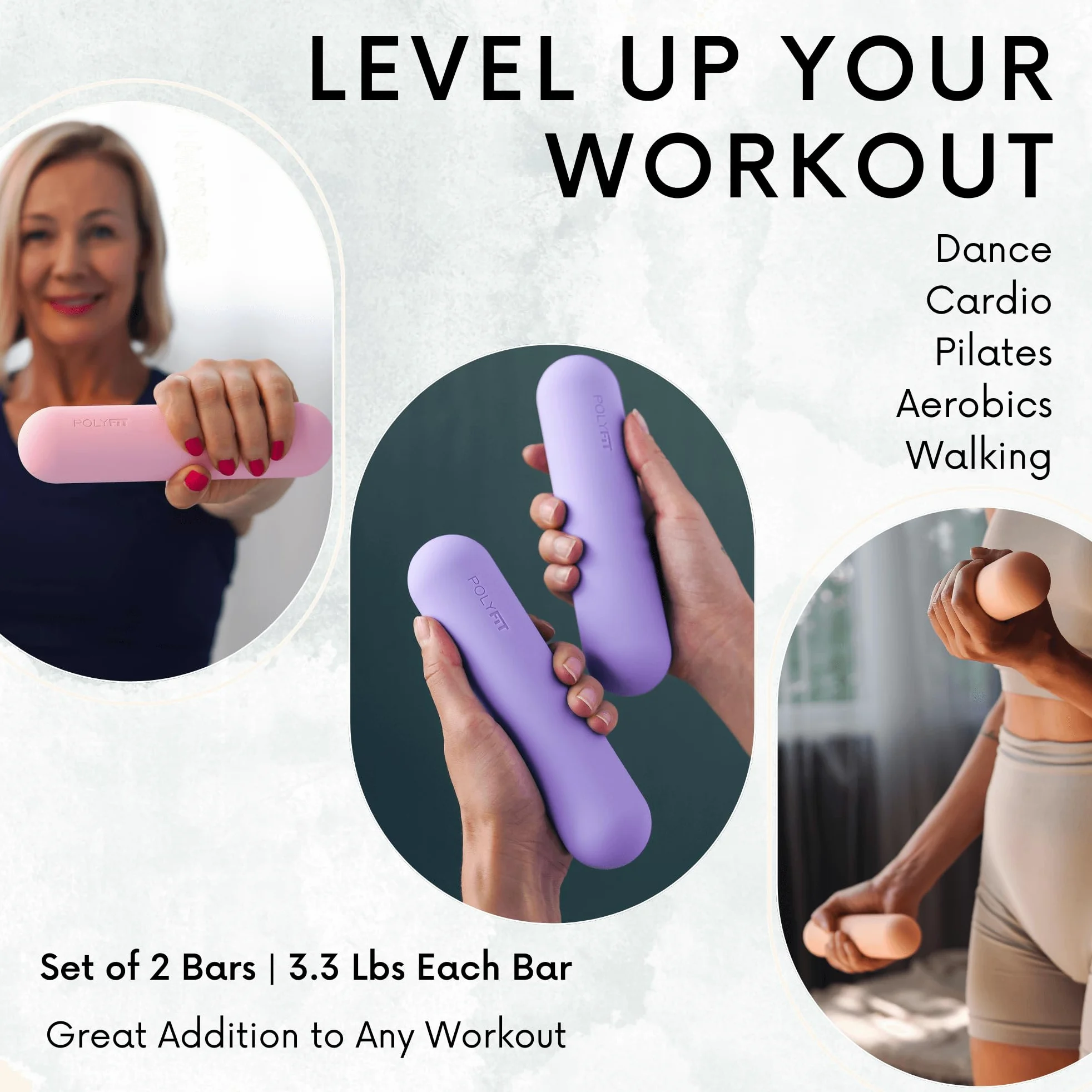 Polyfit Juego de 2 barras de pesas para mujer (3.3 libras | par de 6.5 libras) – Juego de mancuernas para caminar, yoga, baile, barra, pilates, cardio, aeróbicos