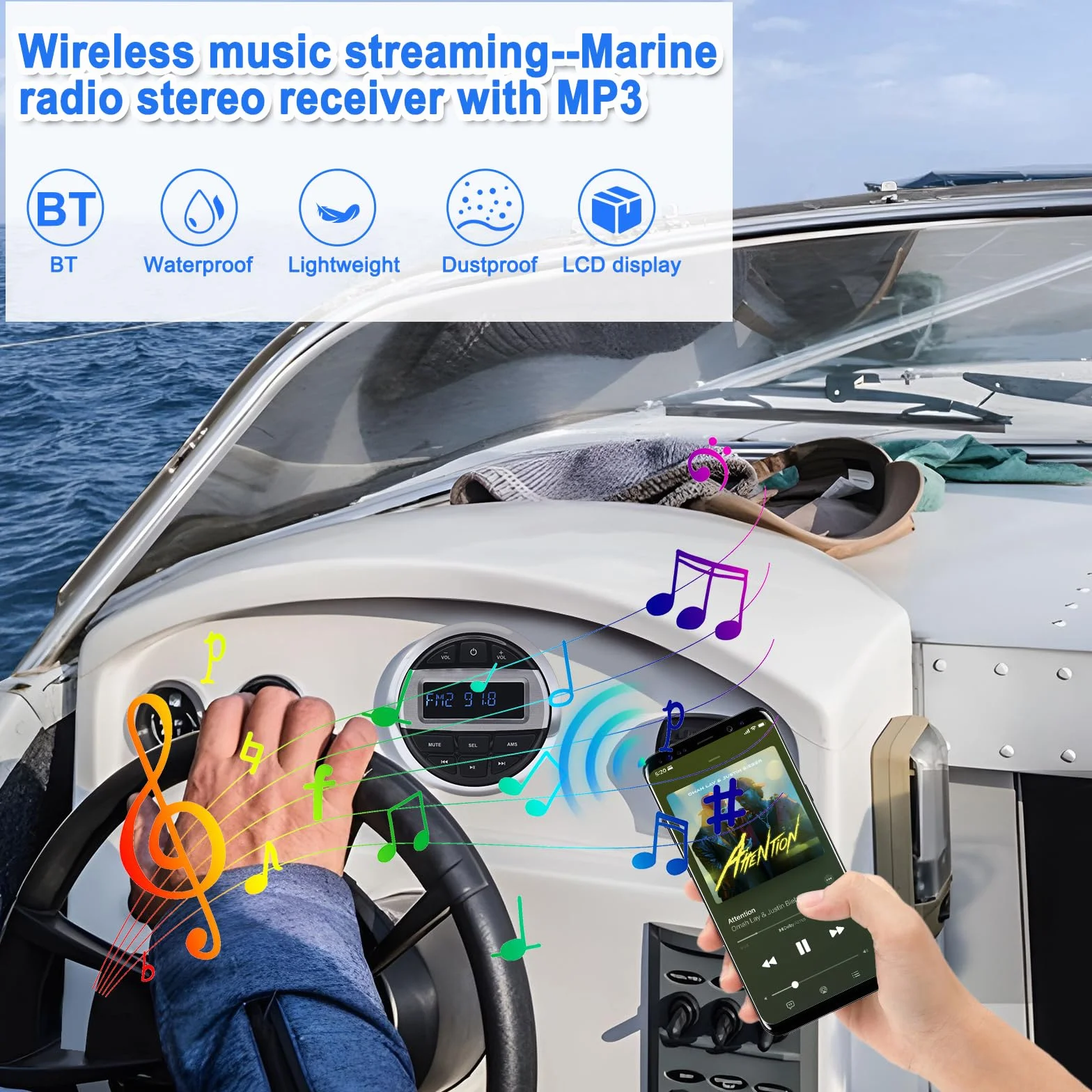 Geloo Marine Radio Stereo Reproductor de MP3, Barco Marina FM/Am Radio Receptor Impermeable para Marinos Yates, Estéreo Barcos