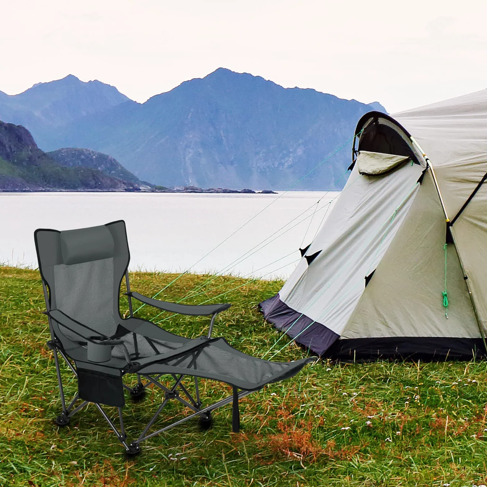 eSituro Silla de Camping Plegable Portátil con Respaldo Ajustable y Reposabrazos, para Pesca, Senderismo y Acampada (2, Gris)