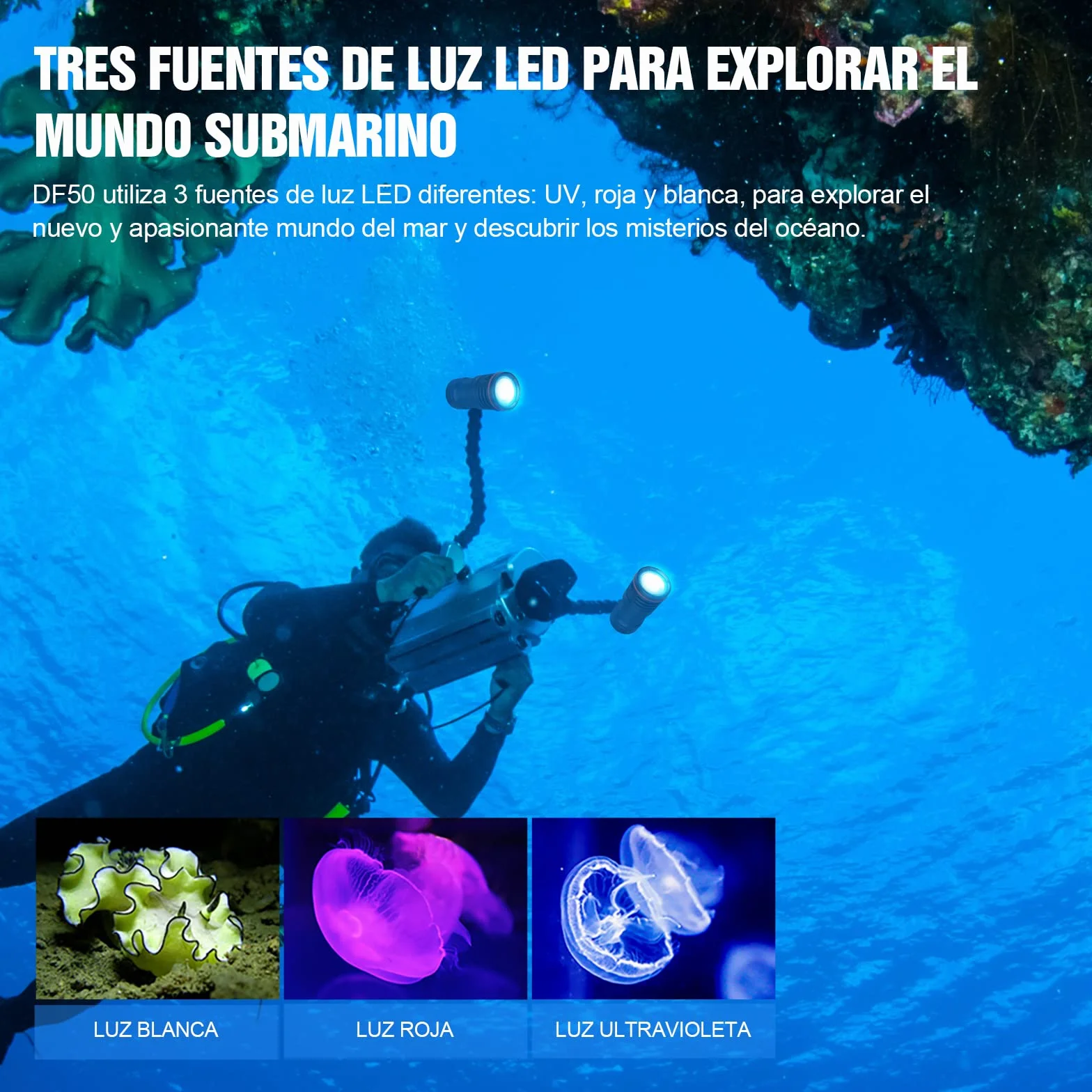Linterna de Buceo, TrustFire DF50 Kit Antorcha de Buceo Recargable 6500 Lúmenes, Linterna Sumergible 70M Impermeable, 3 Tipos Diferentes de Iluminación（Luz de Blanca, UV, Roja）