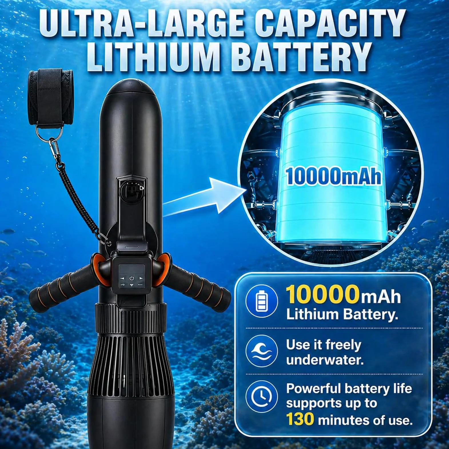 Patinete Eléctrico Submarino de 500 W, 10 Velocidades, 3-7 Km/H | Motor Acuático Brushless, Batería 16000mAh Autonomía 180-60 min, 30 m de Profundidad para Buceo y Esnórquel, Fácil Manejo