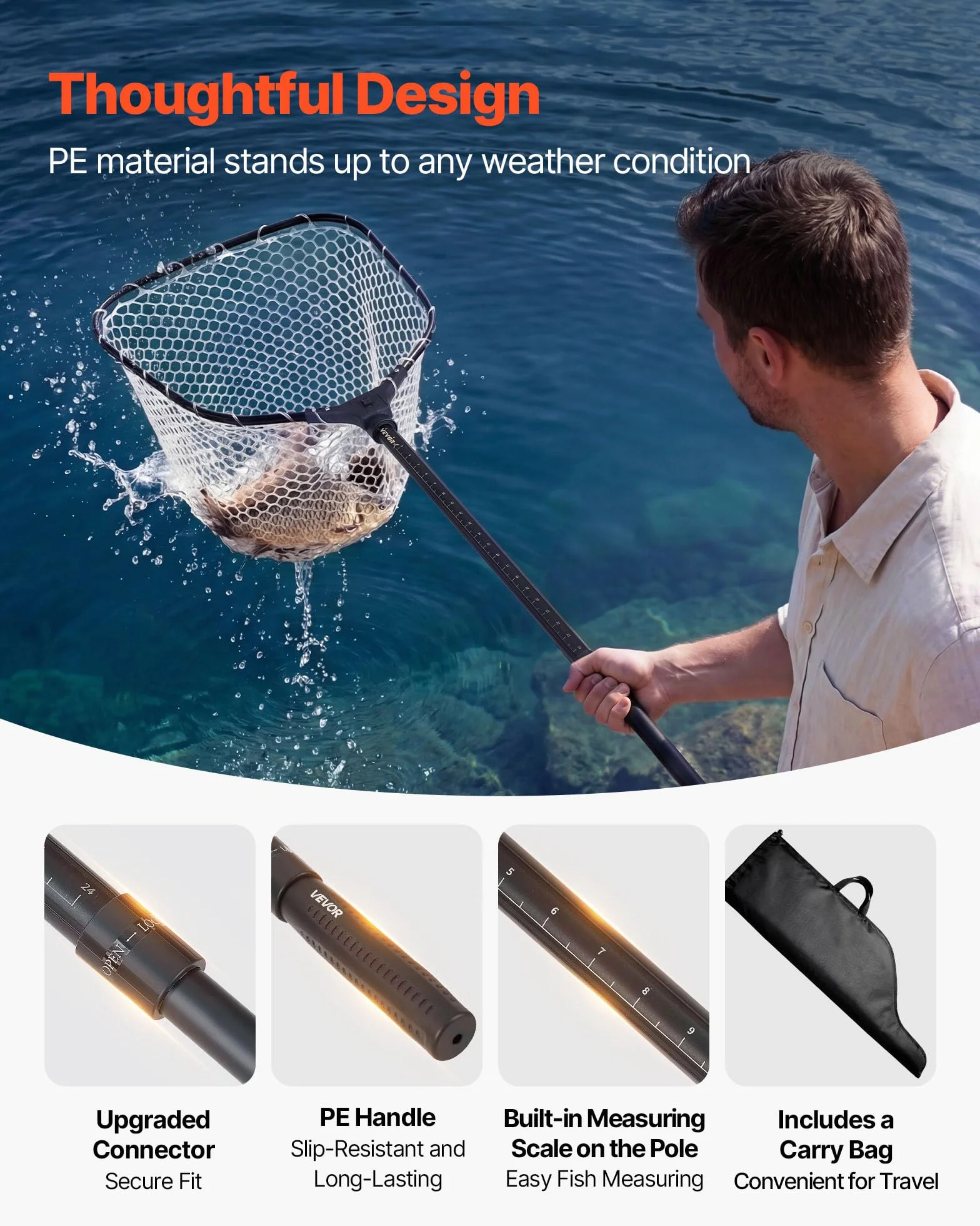 VEVOR Red de Pesca de Aluminio, Red de Aterrizaje de Peces con Malla de Silicona Suave y Mango Telescópico de PE, Ligera y Resistente, Sacadera Soporta hasta 13,6 kg, para Kayak, Barco, Orilla