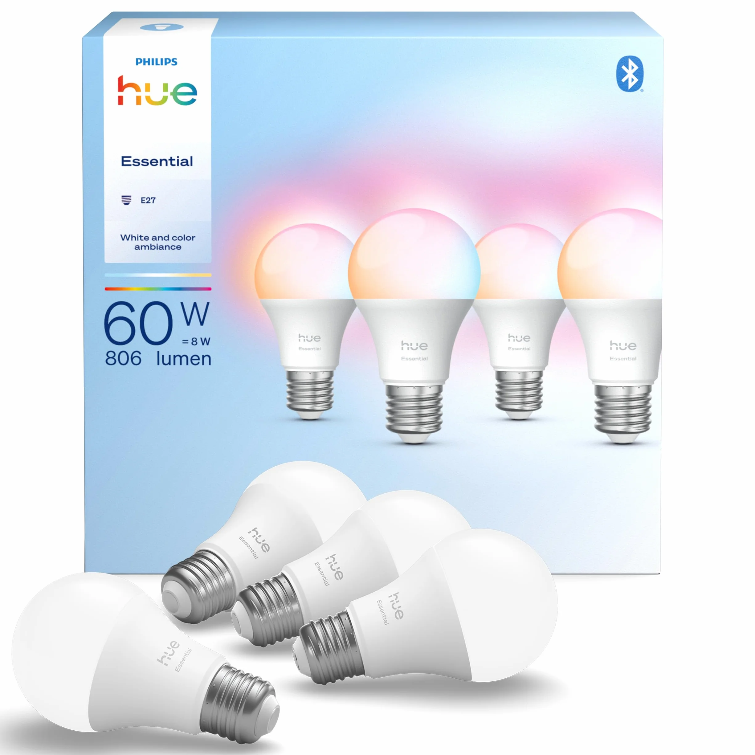 Philips Hue Essential Bombilla LED Inteligente A60 Smart E27 8W 2200-6500K 806lm regulable
