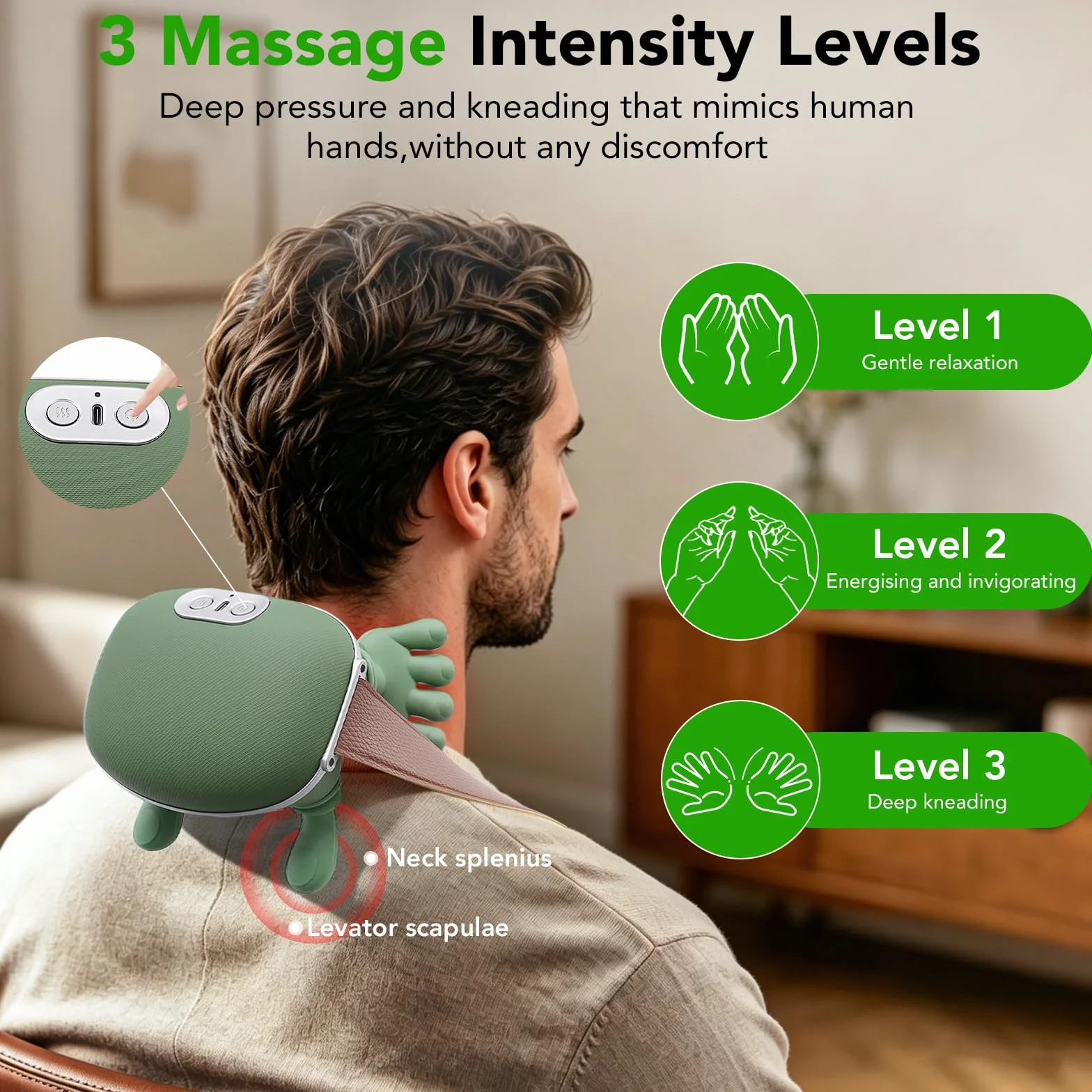 Masajeador Cervical y Espalda 4D, Masajeador de Hombros con Calor, 3 Velocidades, 2 Niveles de Calor, Verde