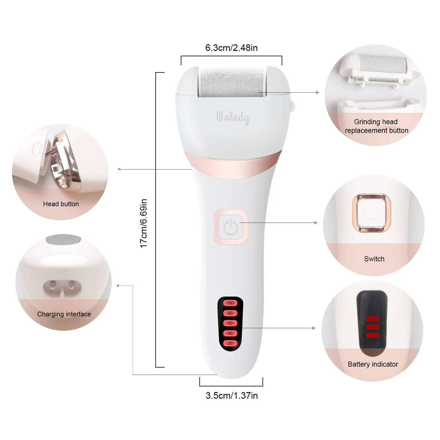 Wolady Lima Electrica Pedicura Profesional Recargable IPX7 Impermeable 1200MAH 2 Velocidades