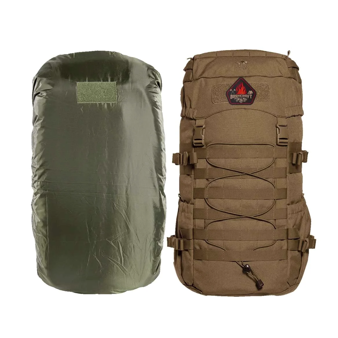 TACWRK x Tasmanian Tiger TT MIL OPS Pack 30 Coyote Brown Fun Patch + TT Raincover S – Bundle Molle – Mochila de senderismo para hombre con 30 litros para exteriores, uso, bushcraft, trekking