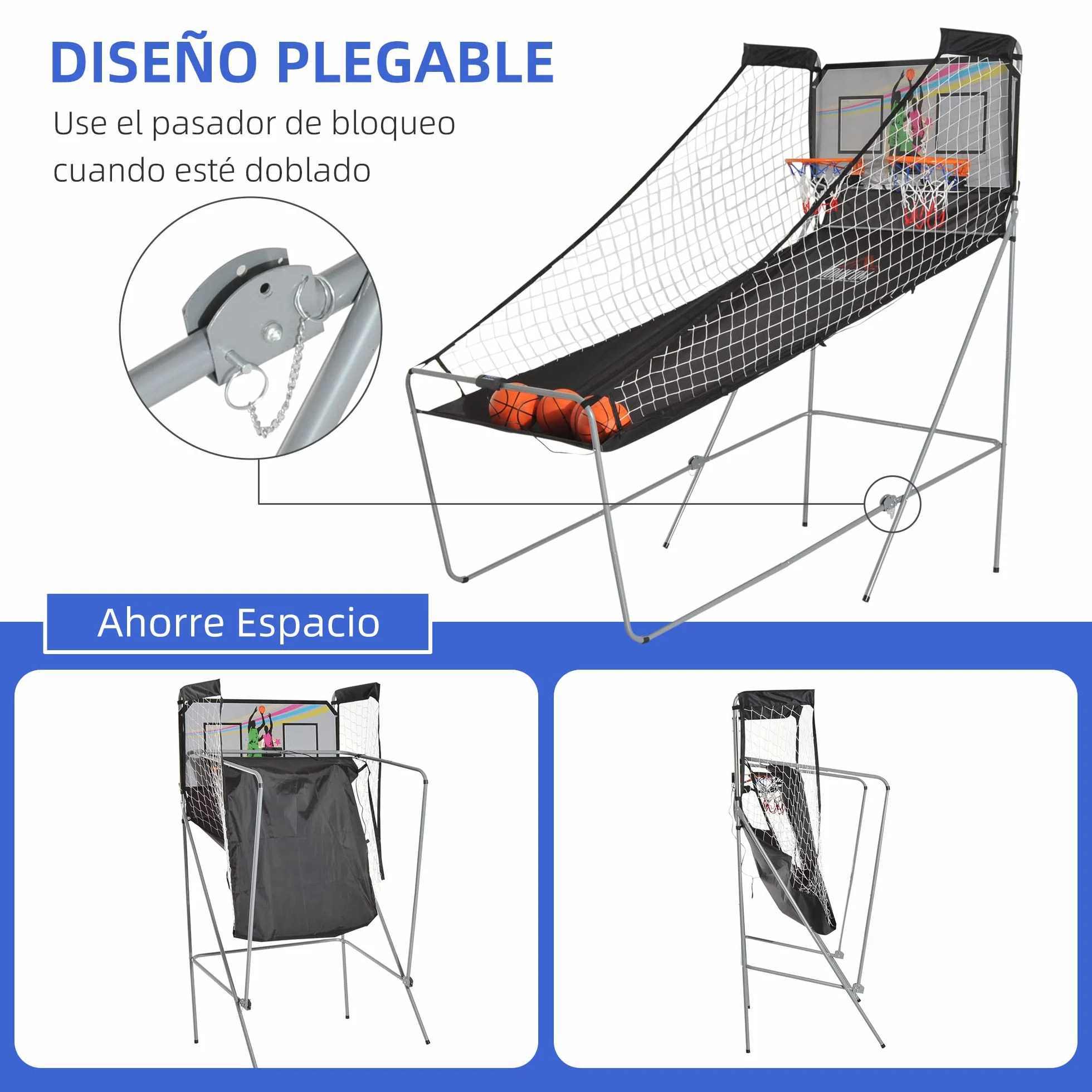 HOMCOM Juego de Canastas Plegable, Máquina de Baloncesto con Contador y Marcador Electrónico, Acero, 205x110x205 cm