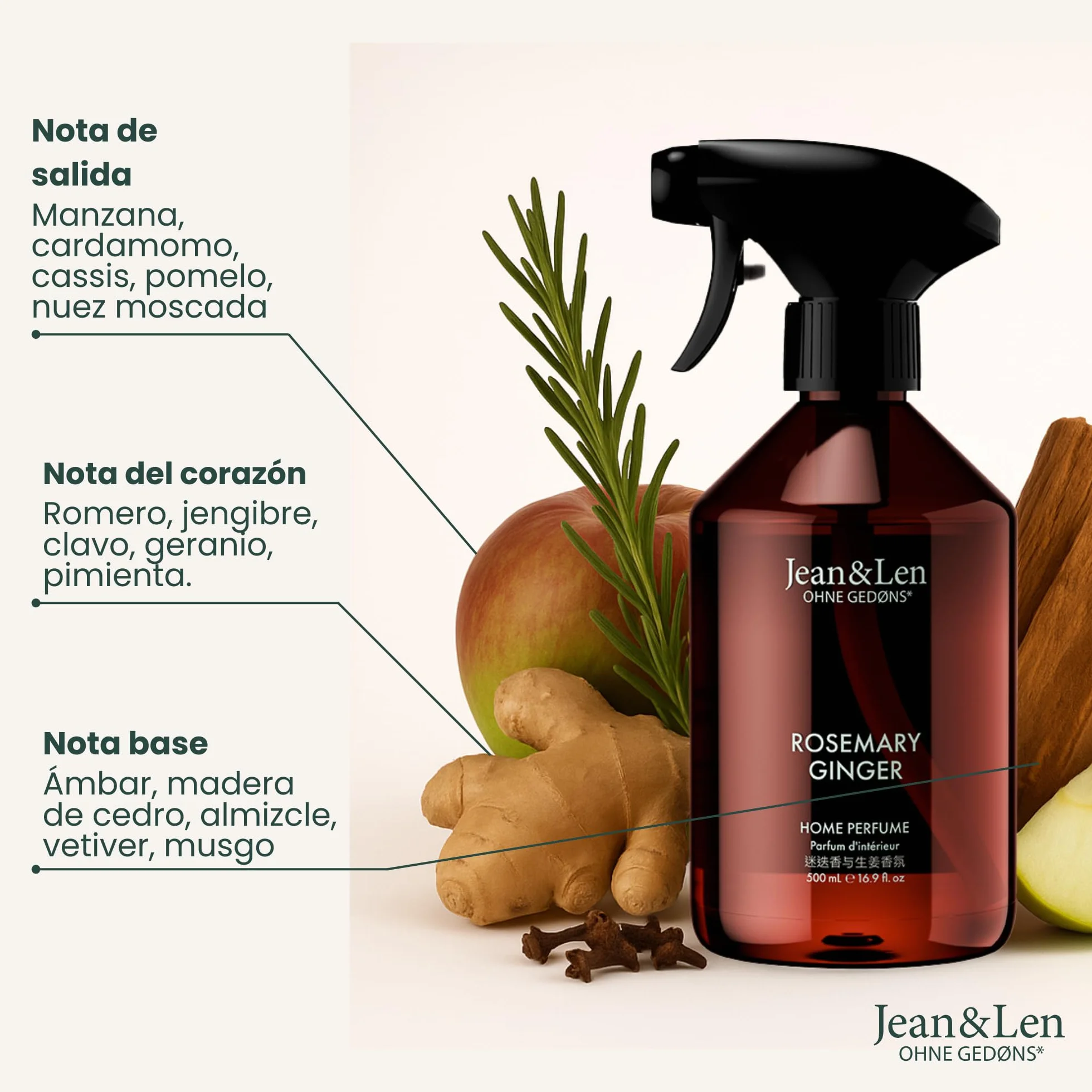 Jean & Len Home Perfume ambientador spray 500 ml Rosemary & Ginger