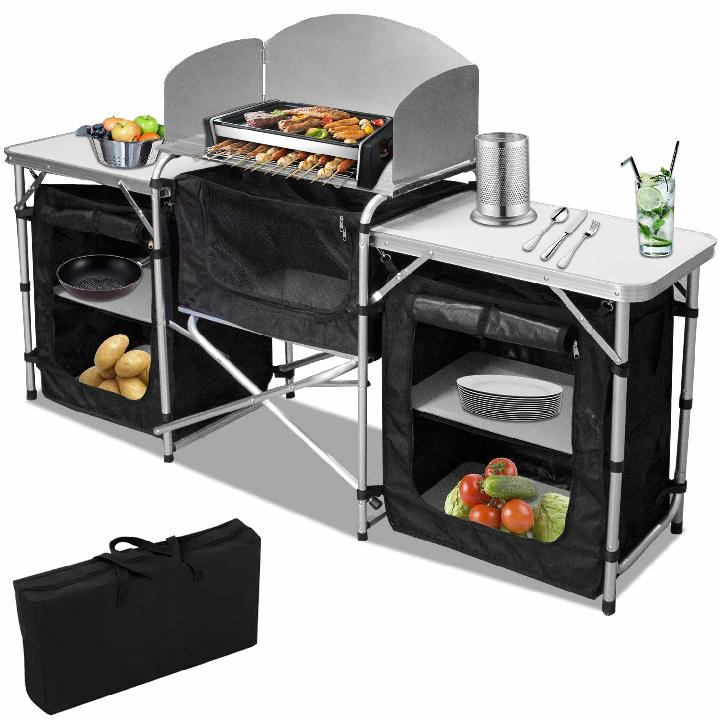 Cocina de Camping con Protección contra Salpicaduras, Armario de Camping con Bolsa de Transporte y Marco de Aluminio, Armario de Cocina Plegable de Altura Ajustable