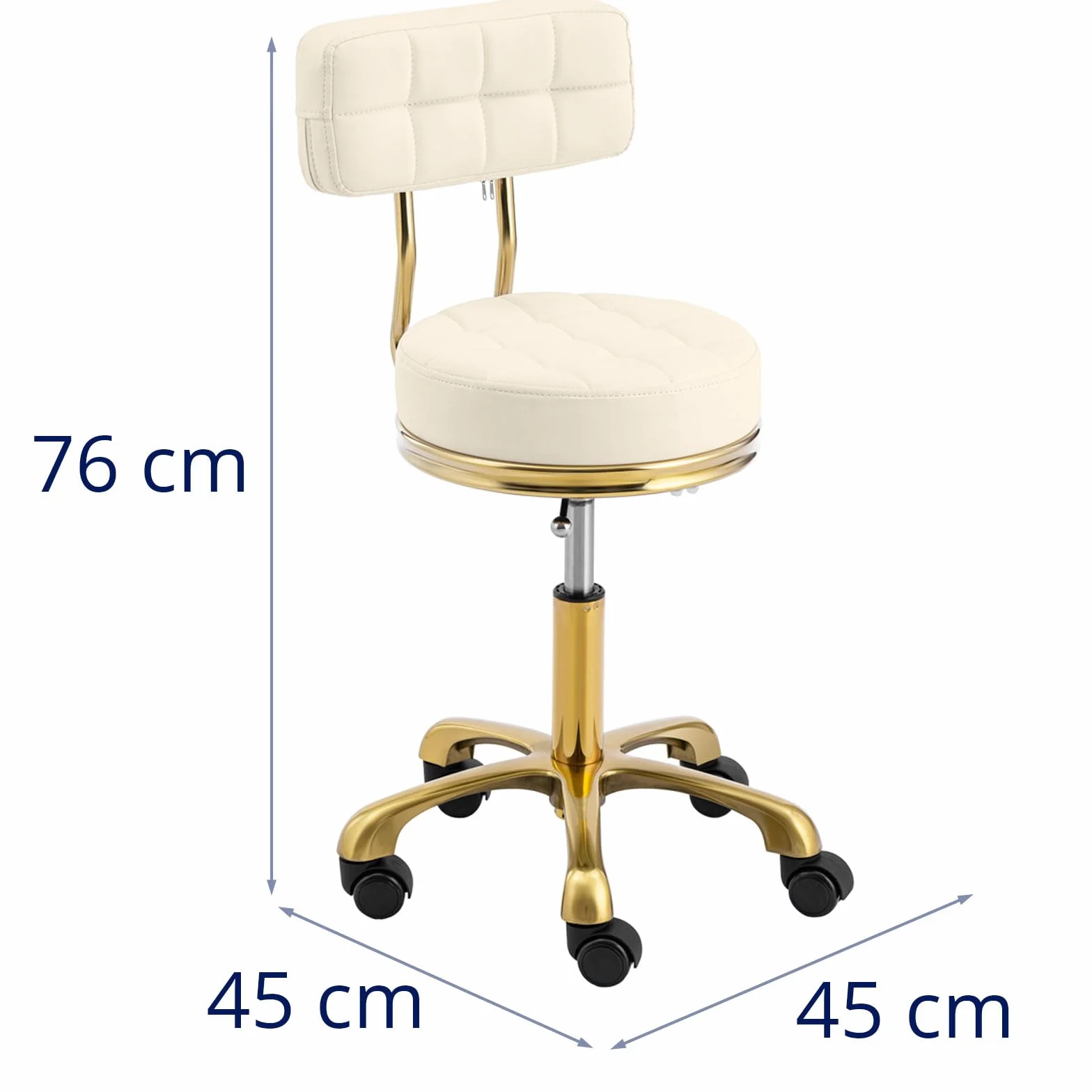 physa Taburete de peluquería con ruedas, respaldo regulable 51-66 cm, 150 kg beis/dorado
