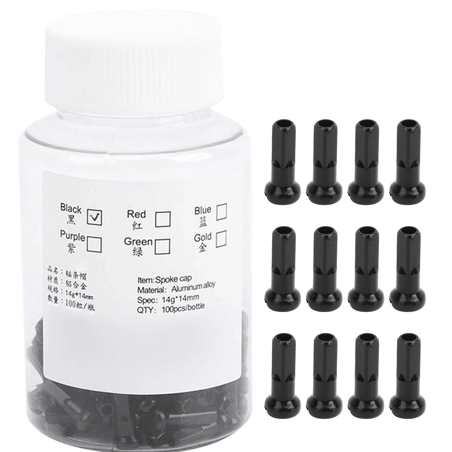 100 fundas para radios de bicicleta, pezón de aleación de aluminio, tapa de radios de bicicleta para radios de bicicleta con diámetro interior de 2 mm, color negro