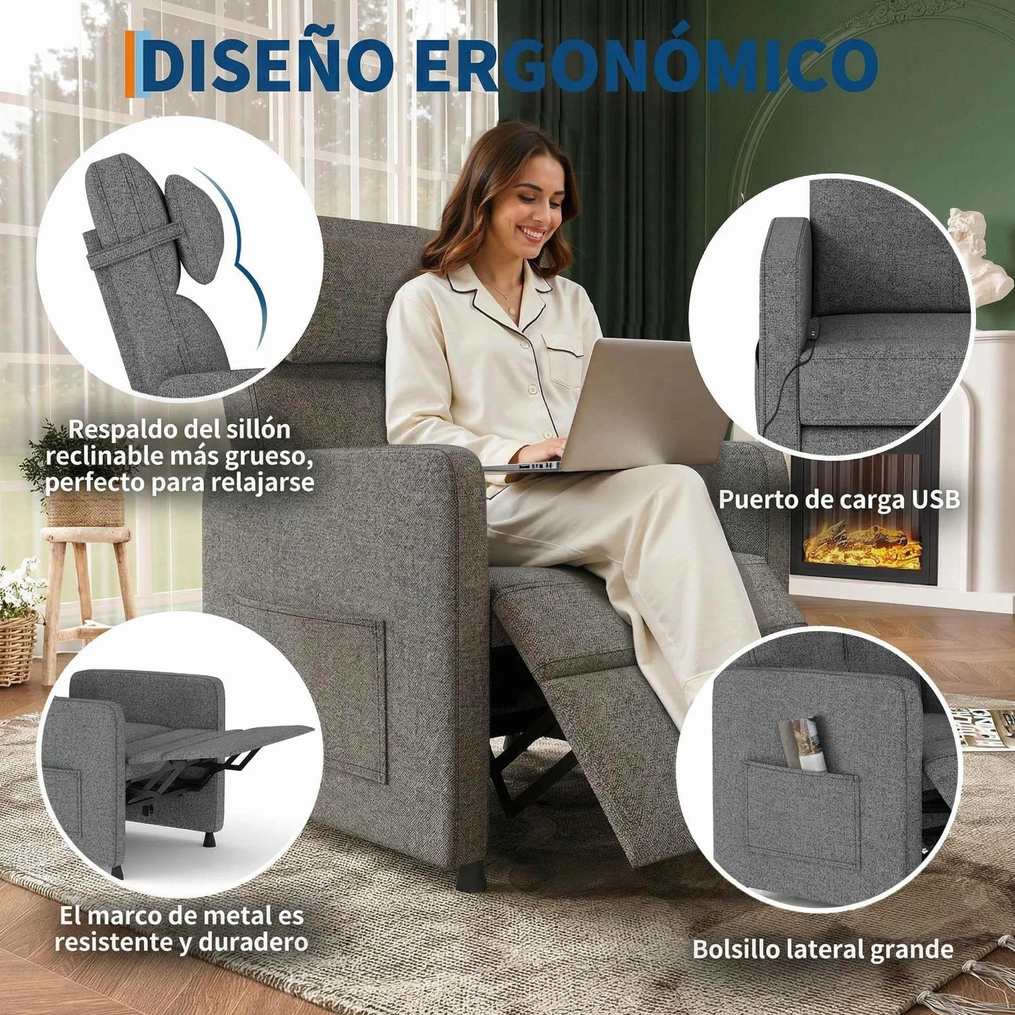 GarveeLife Sillón Reclinable Eléctrico con Masaje y Calor Lumbar, Ajustable, Tela de Lino, Gris